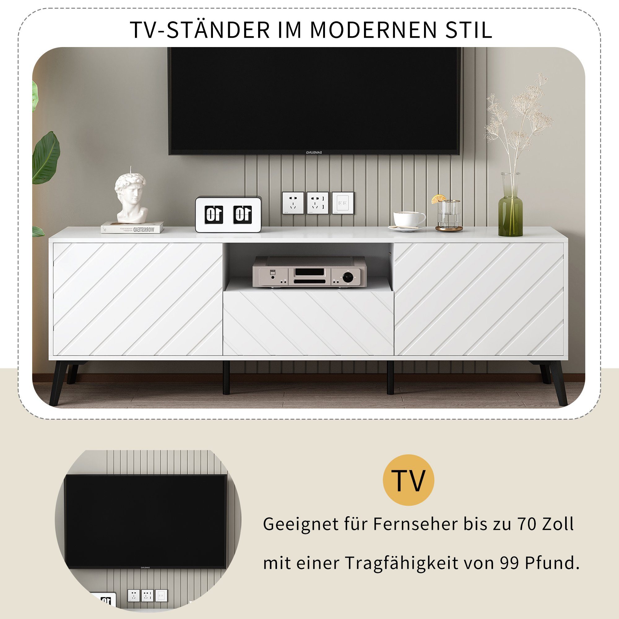REDOM Lowboard TV-Schrank mit verstellbaren (Breite:170cm), und Scharniertüren Einlegeböden 1 mit 2 Schublade