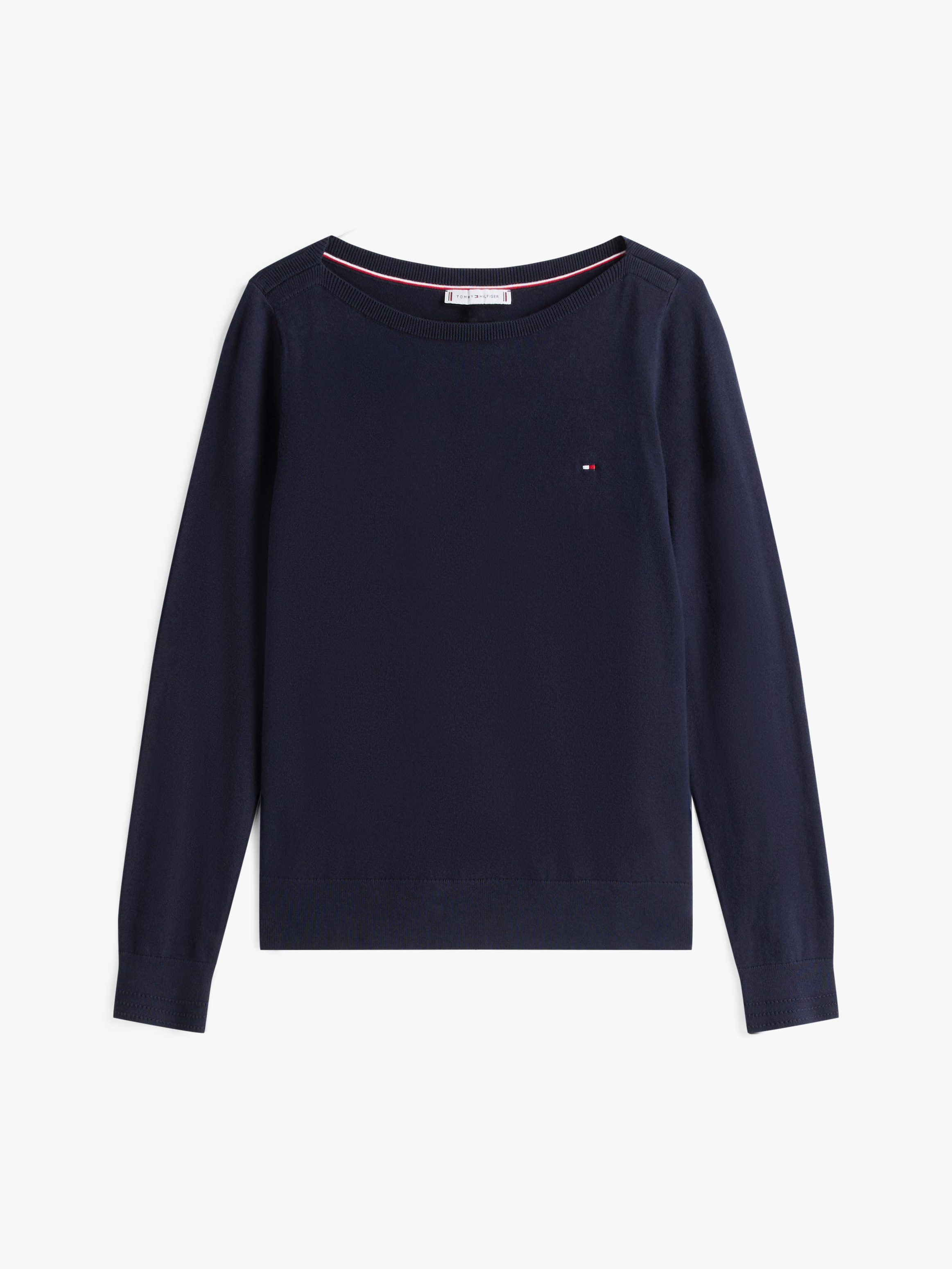 Tommy Hilfiger Strickpullover CO JERSEY STITCH V-NECK SWEATER mit Tommy Hilfiger Logo-Flag, U-Boot-Ausschnitt