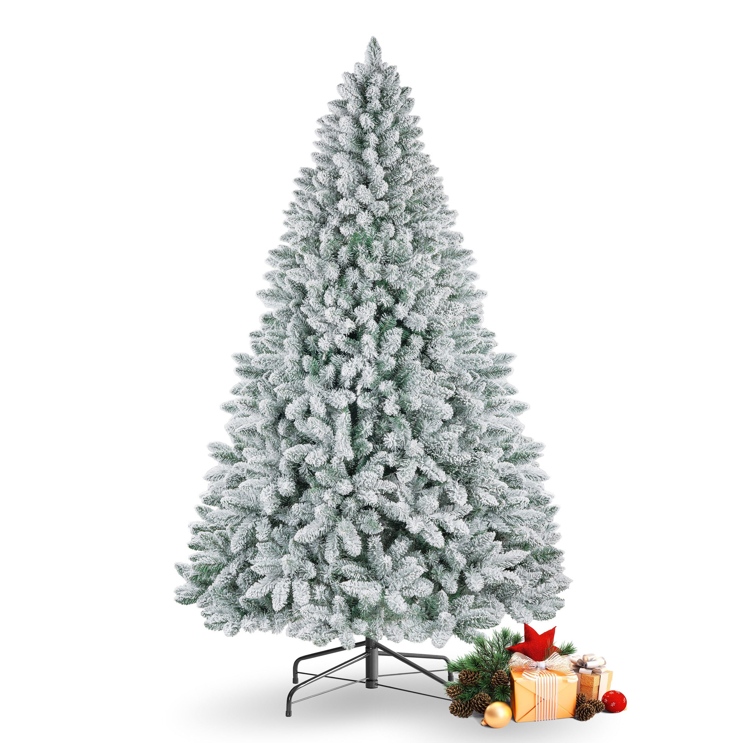 WHEELYOU Künstlicher Weihnachtsbaum 180/210 cm Beflockte Schneetanne, PVC, Lichterkette, 8 Lichtmodi, Dicht beflockte PVC-Schneetanne, volle Zweige, markanter Winterlook, Warmgelbe Lichterkette, 8 Modi, dichte Beflockung, Metallständer