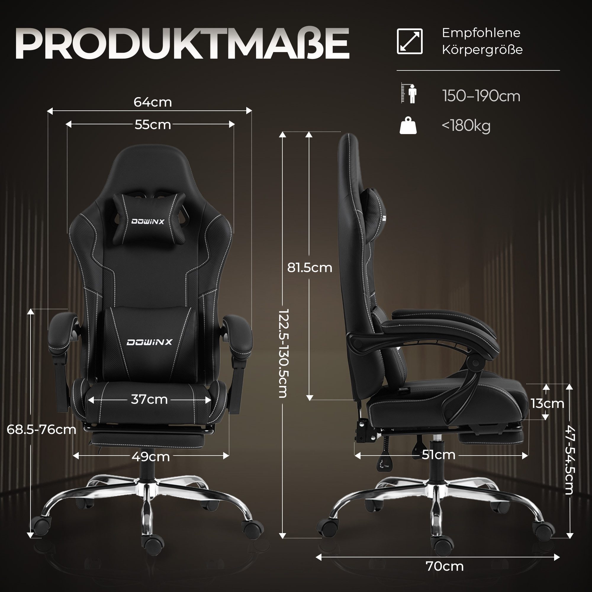 Dowinx Gaming-Stuhl Ergonomischer Gamer Stuhl für Büro und Home Office (Packung), Verstellbarer Bürostuhl mit Rückenlehne bis 150°, mit Fußstütze