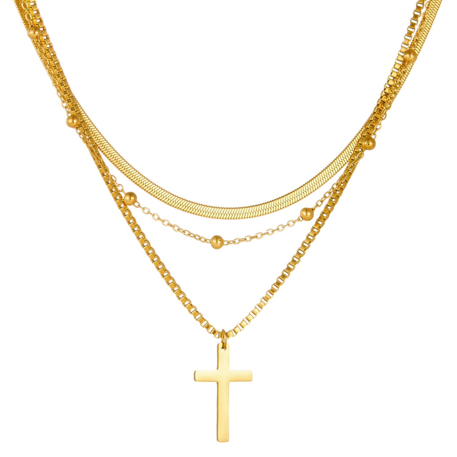 Kette mit Anhänger Layering Halskette Damen Kreuz Gold 3 lagig