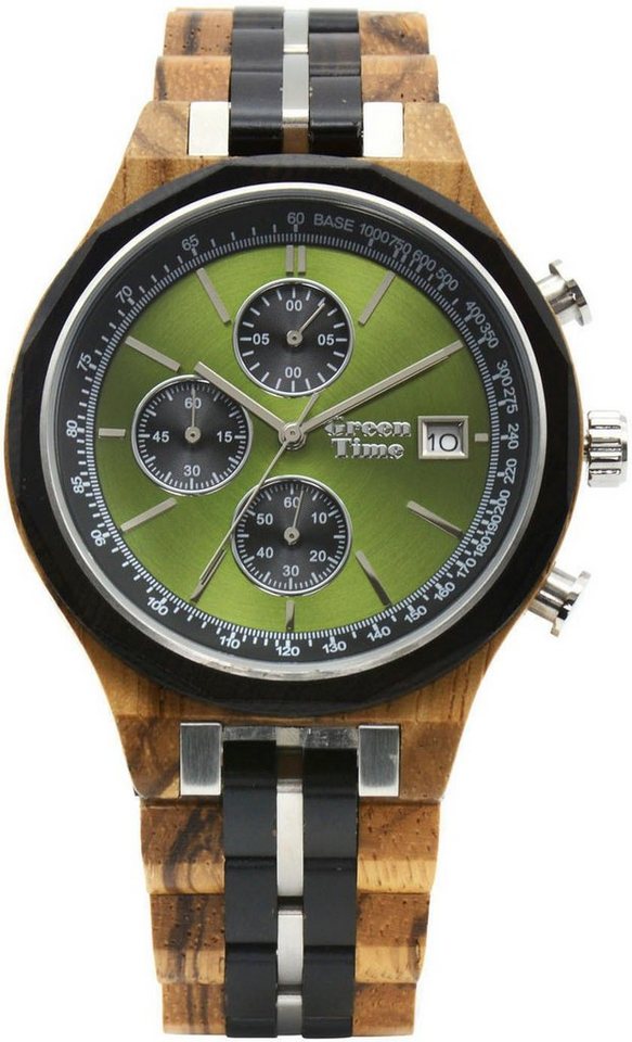 GreenTime Chronograph ZW176C, Holz, Armband aus Holz mit PVD-beschichtetem  Edelstahl