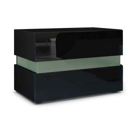 Vladon Nachttisch Flow (Nachttischschrank, mit Schublade zur Wandmontage), Schwarz matt/Schwarz Hochglanz (60 x 45 x 39 cm)