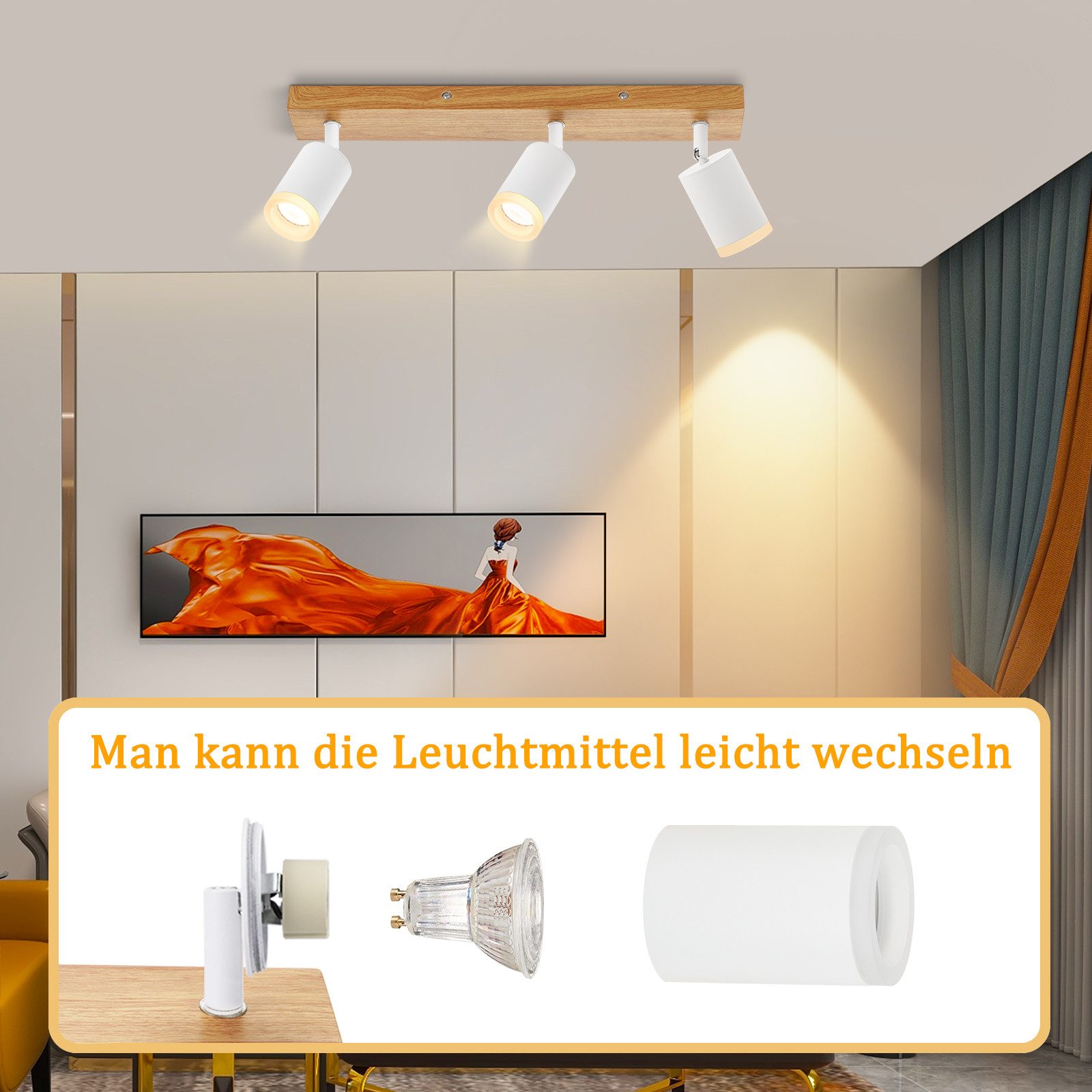 ZMH LED Deckenstrahler 2/3/4 Flammig GU10 Holz-Acryl Deckenleuchte 350° Drehbar Wohnzimmer, ohne Leuchtmittel, Weiß, 2 Installationsmethoden(Decken/Wandmontage) – Bild 4 von 5