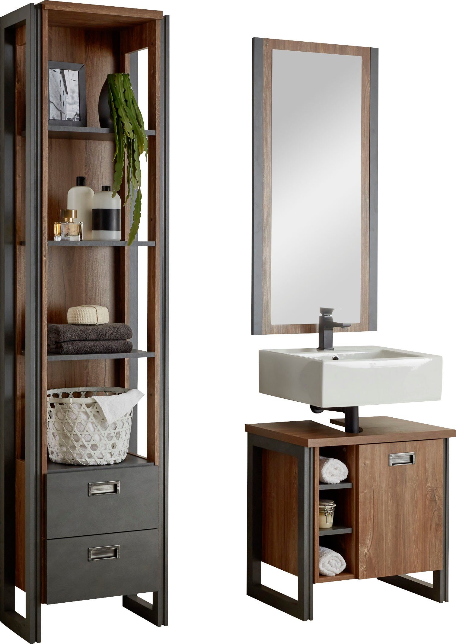 Home affaire Badmöbel-Set Detroit, Bad im Industrialdesign, 3-teiliges Badezimmer, (Set, 3-St), Unterschrank, Regal & Spiegel, holzfarben, offene Fächer & Stauraum