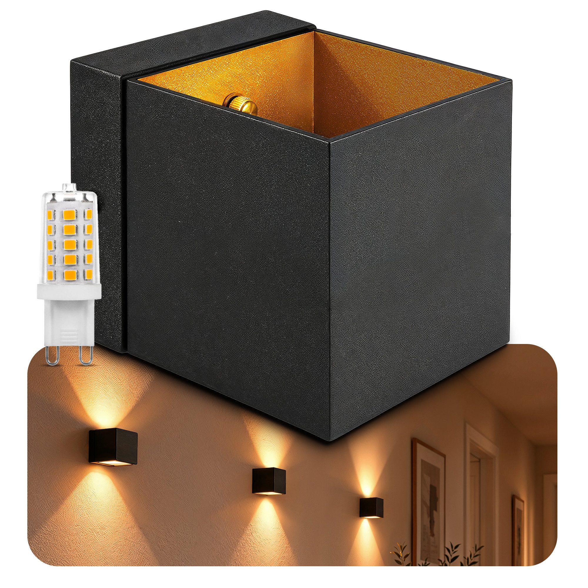 SSC-LUXon LED Wandleuchte EPITA Treppenleuchte schwarz gold Up Down Licht inkl. LED G9, Warmweiß