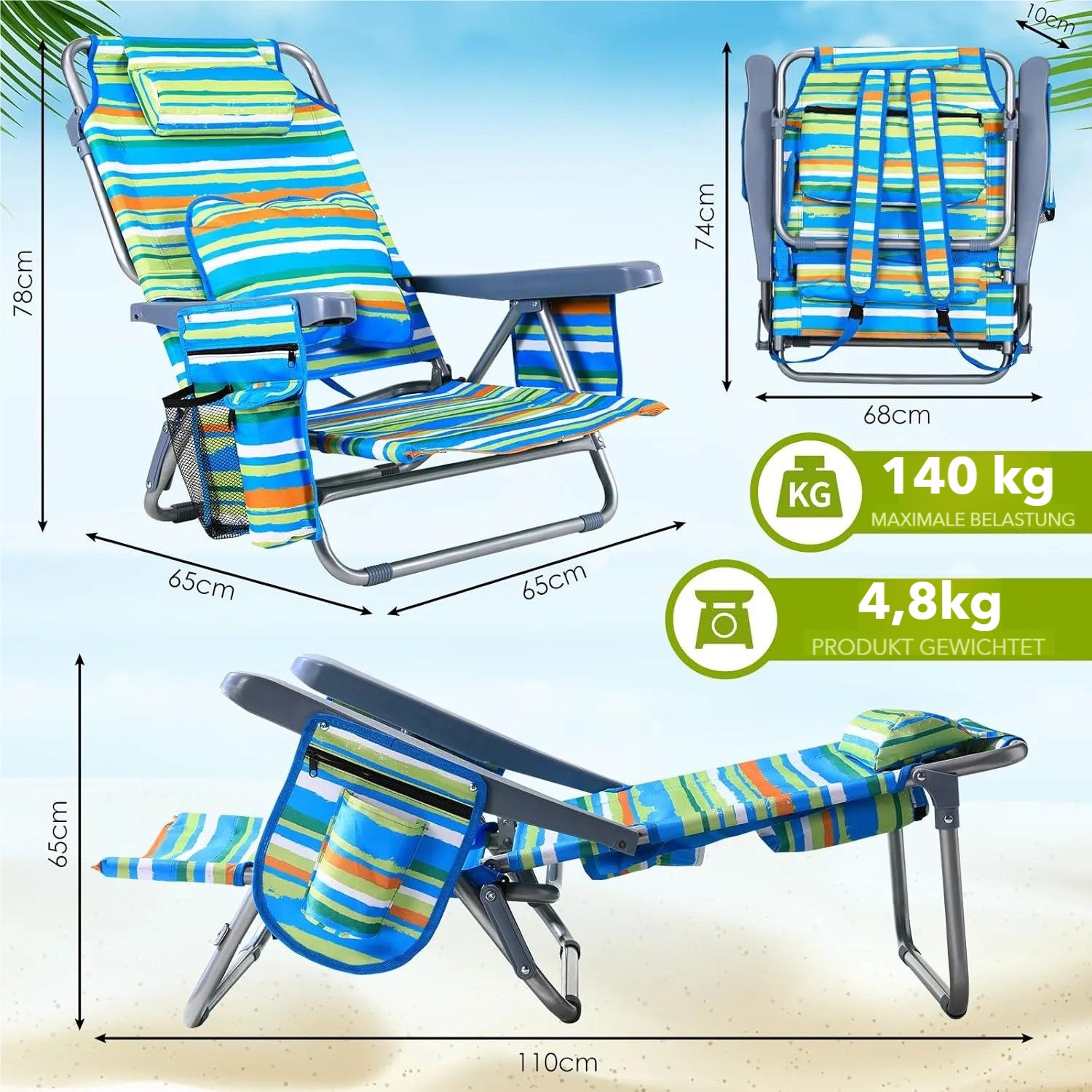 TLGREEN Campingstuhl Strandstuhl,faltbar,mit Lendenkissen + Seitentasche + Kühlfach, (2 St), verstellbare Rückenlehne,bis 140 kg belastbar