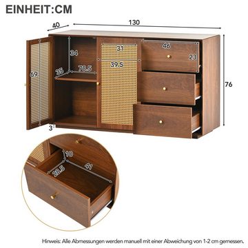 Flieks Sideboard (1 St), Kommode mit 2 Rattantüren und 3 Schubladen Anrichte, 130*40*76cm