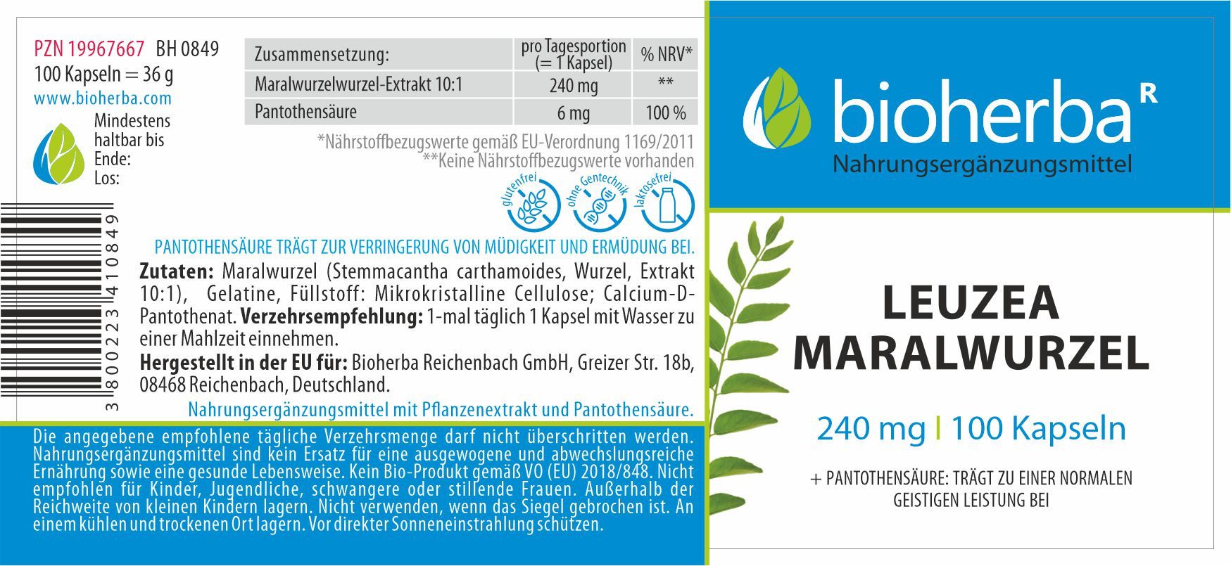 BIOHERBA R Bioherba Leuzea Maralwurzel 240 mg 100 Kapseln Nahrungsergänzungsmittel, 1 er
