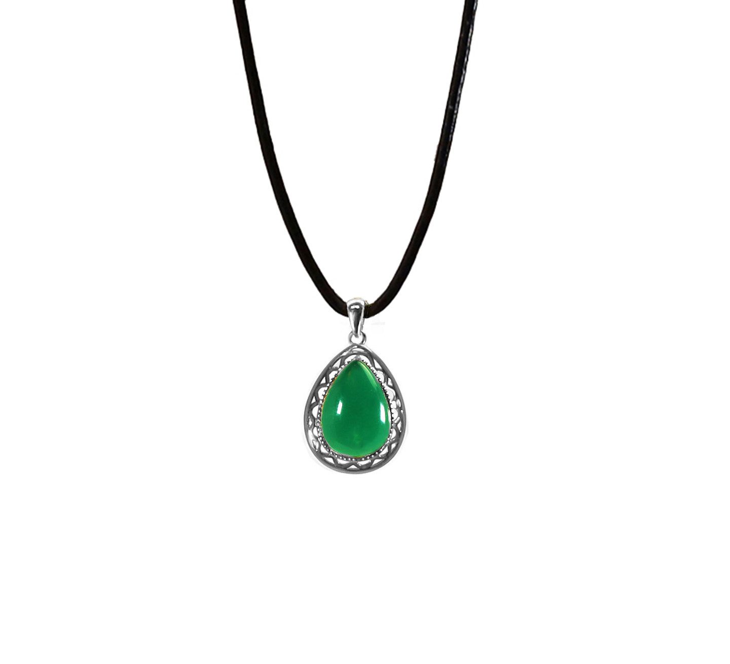 Edellis Kette mit Anhänger Halskette mit Tropfen Anhänger aus Naturstein, Ziegenleder und Silber