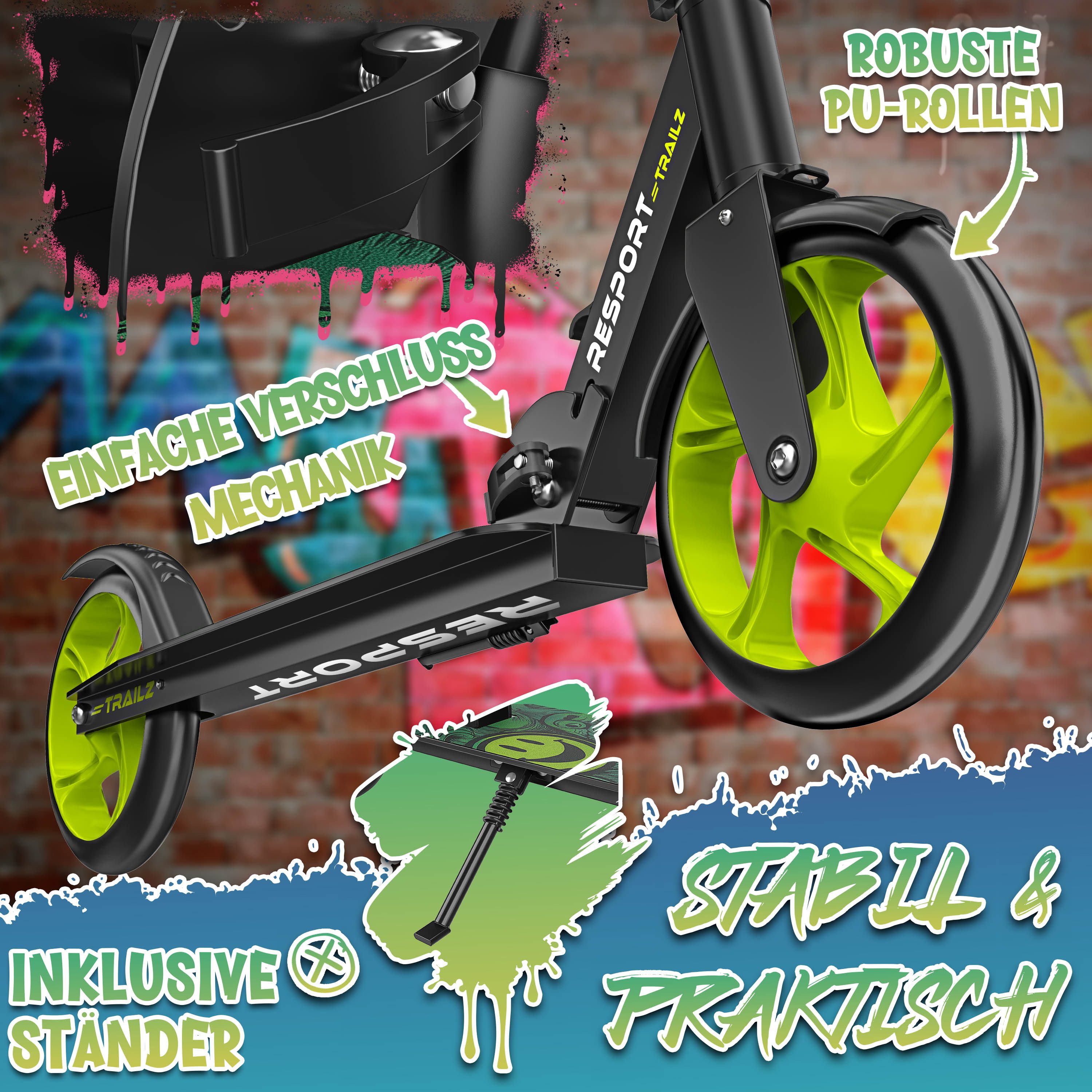 RE:SPORT Cityroller RE:SPORT® Trailz Cityroller Scooter inkl. Tragegurt und Klingel 200mm, (Scooter höhenverstellbar & klappbar, Kinderroller große Räder Kicksc – Bild 5 von 5