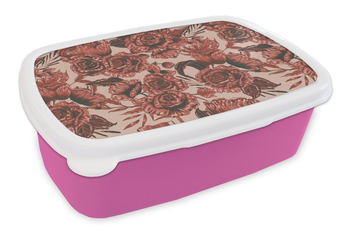 (2-tlg), MuchoWow Lunchbox Erwachsene, Blumen, Kunststoff Brotbox für Kunststoff, Kinder, Brotdose Snackbox, rosa - - Mädchen, Muster Rose