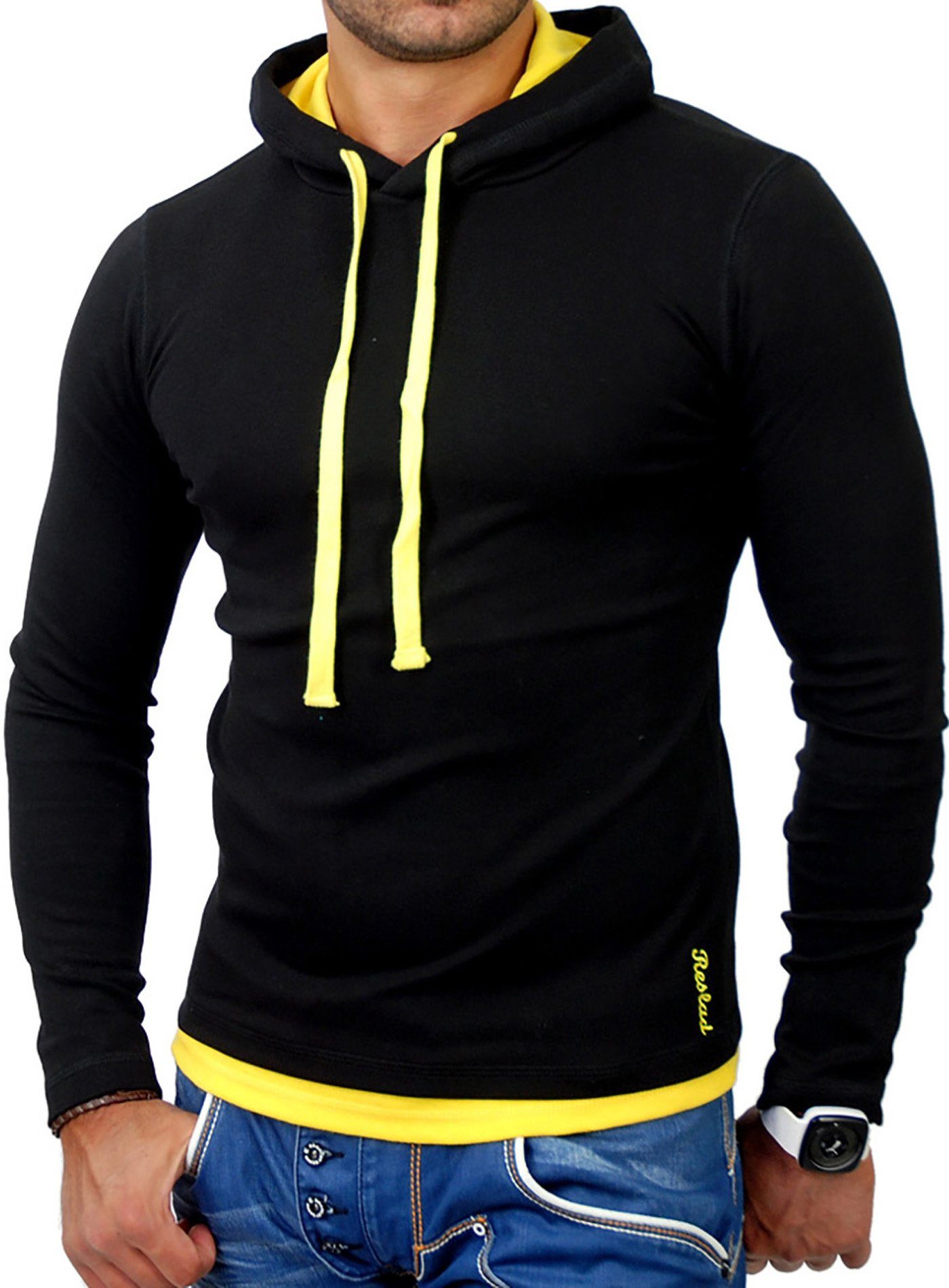 Reslad Sweatshirt Reslad Herren Kapuzen Sweatshirt RS-1003 (1-tlg) Kapuzensweatshirt Layer-Look schwarz-gelb