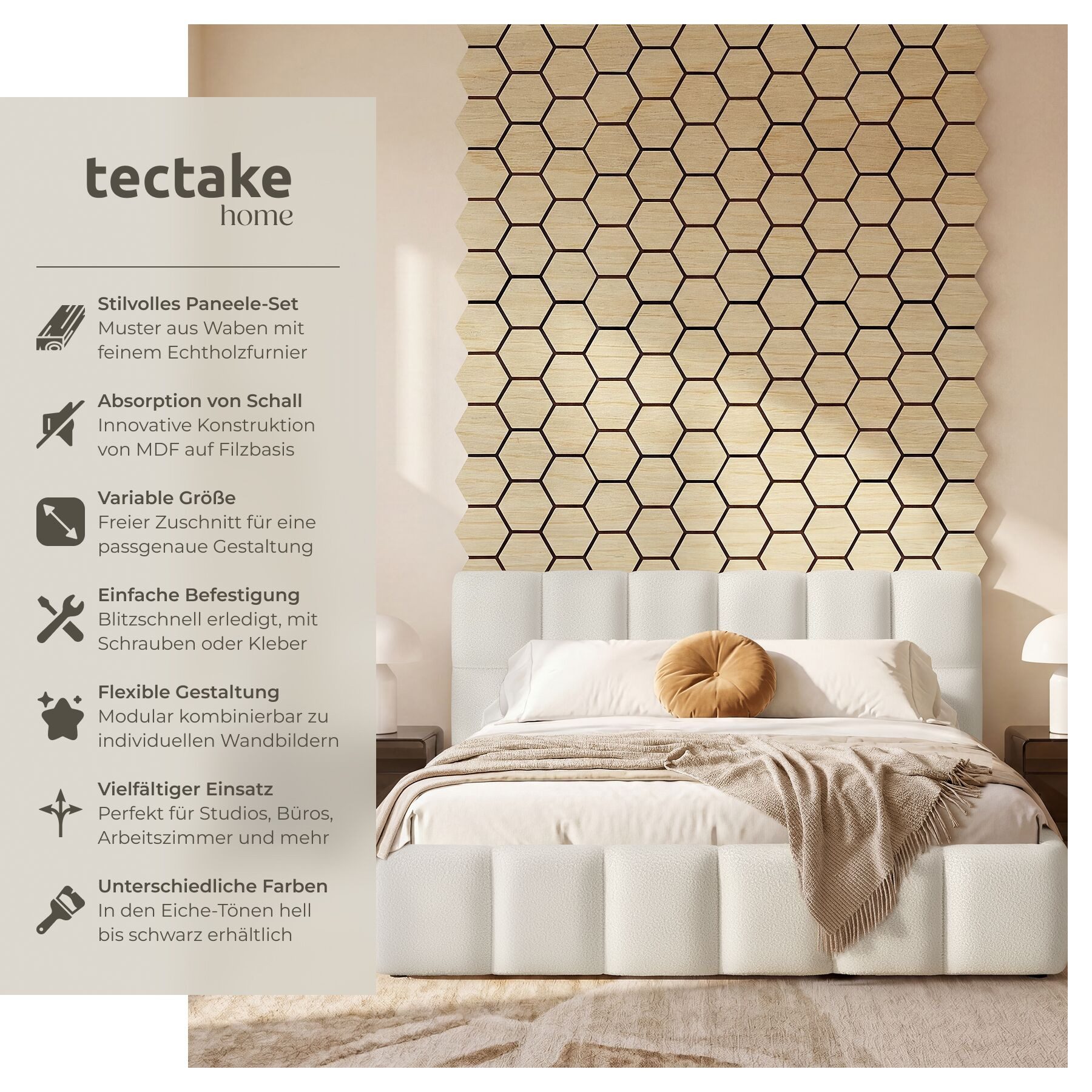 tectake Wandpaneel Schallabsorbierendes Akustikelement in Eiche hell, zuschneidbar, MDF, BxL: 62x76 cm, 0.47 qm, (Akustikpaneele Selbstklebend Sonic Shield, 6-tlg., in Eiche hell) Montage mit Kleber oder Schrauben, flexible Größe