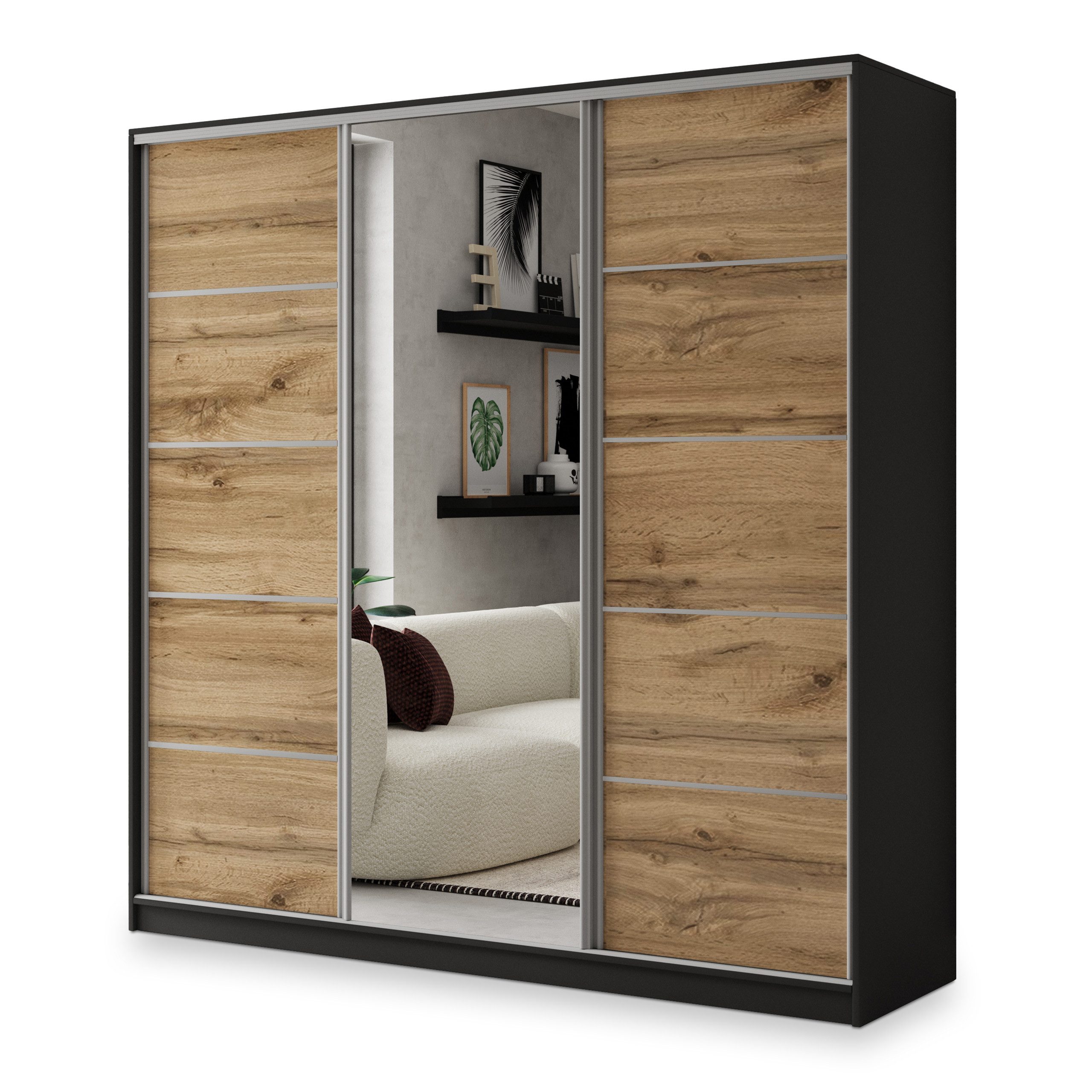 Masseno Schwebetürenschrank NATA Kleiderschrank mit Spiegel und Schubladen Schlafzimmerschrank