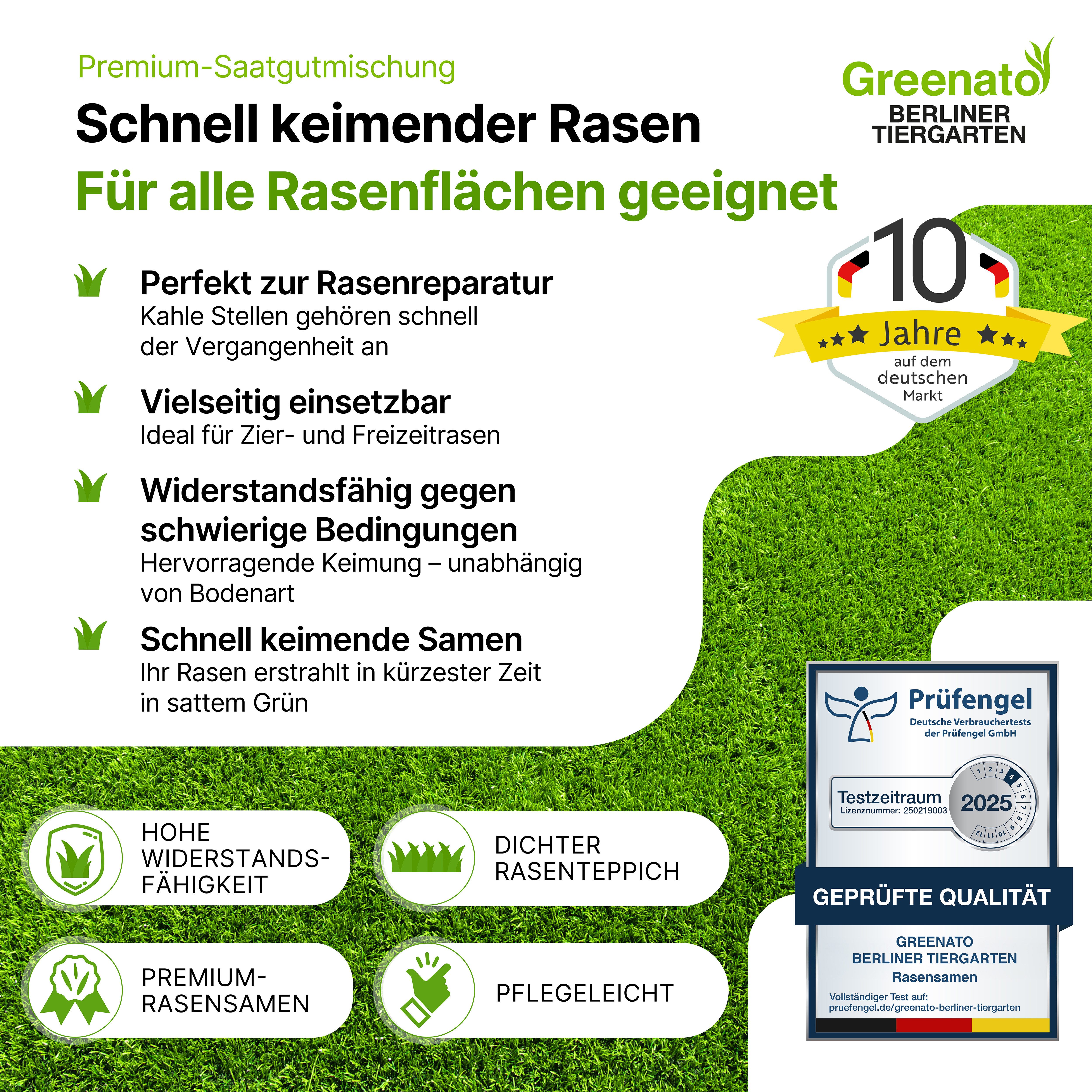 Greenato Rasensamen Berliner Tiergarten - Grassamen schnellkeimend -, 1 kg, für Zierrasen, Schattenrasen oder Trockenrasen