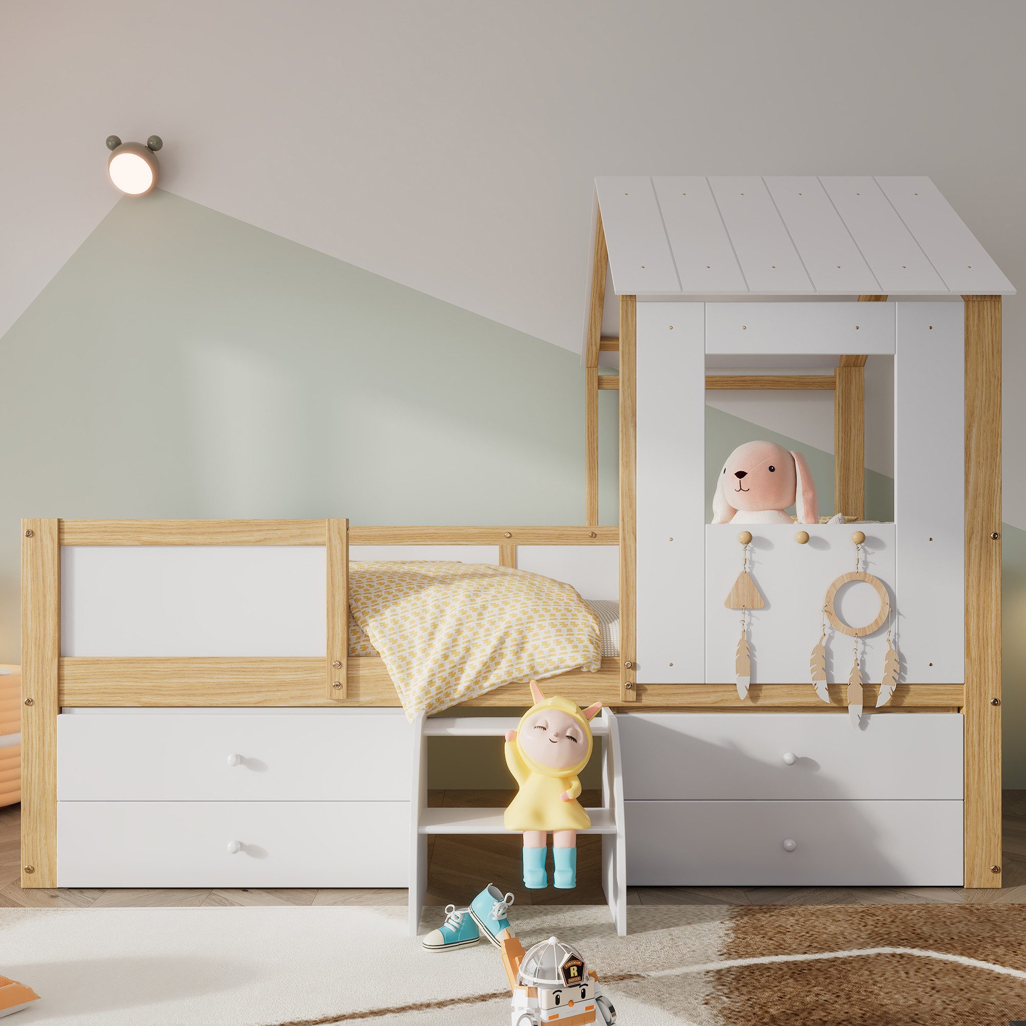 Flieks Loft Bed Children's Bed House Bed 90x200cm with 4 Drawers and Small Staircase
