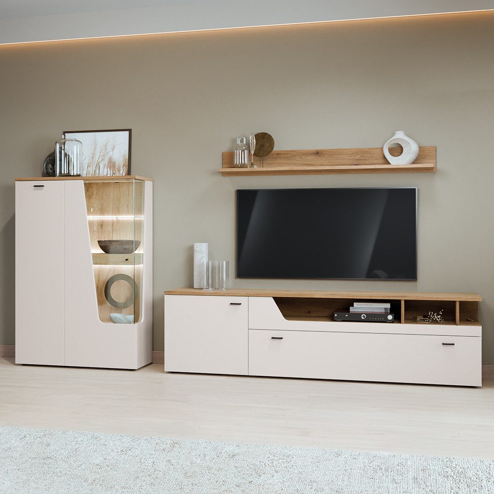 Lomadox Wohnwand CARMONA-129, (3-St., Highboard Lowboard Wandregal), in Kaschmir und Eiche, inkl. LED-Beleuchtung