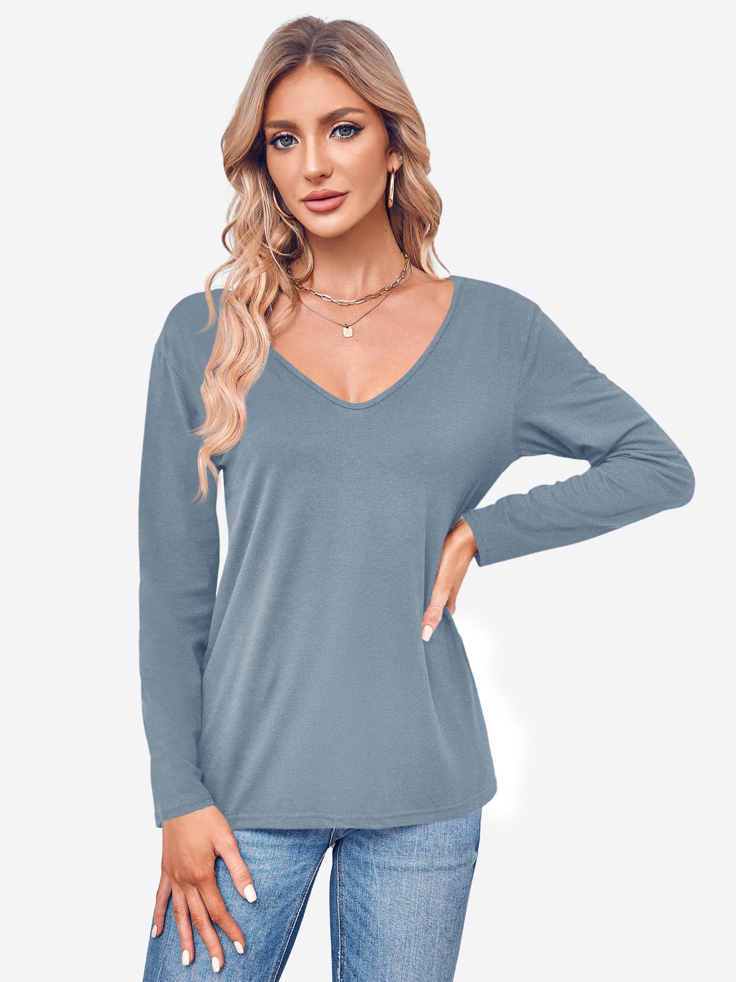 Imily Bela T-Shirt Damen Langarmshirt Tops mit V-Ausschnitt (Packung, 1-tlg günstig online kaufen