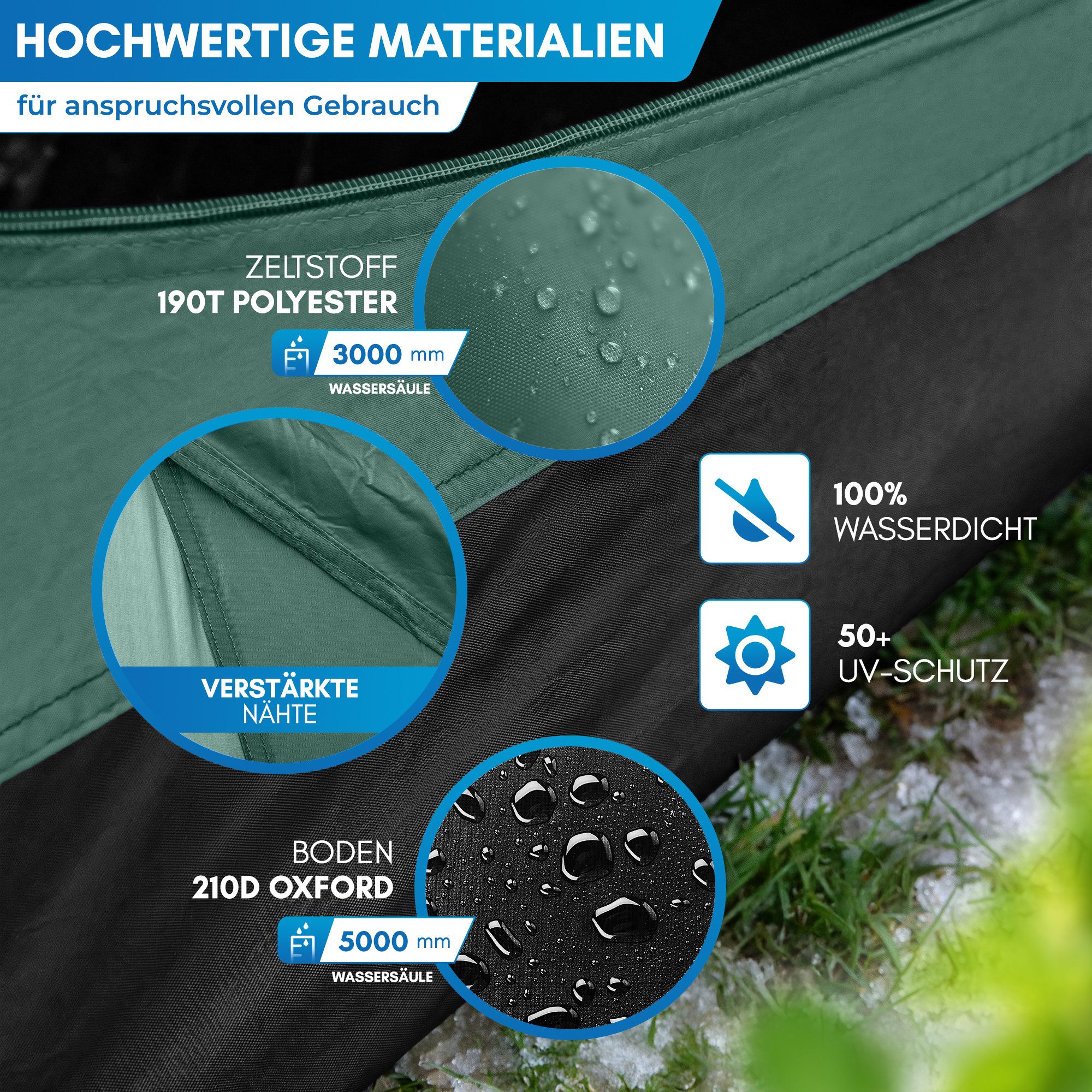 Nordmut Wurfzelt Pop-up Campingzelt 2-4 Personen 230x230 cm wasserdicht 5000 mm, Personen: 4 (Campingzelt mit Fiberglas Gestänge & versiegelten Nähten, wasserdicht mit Moskitonetzen & Belüftung), Festivalzelt mit Sekunden Aufbau & kompaktem Packmaß