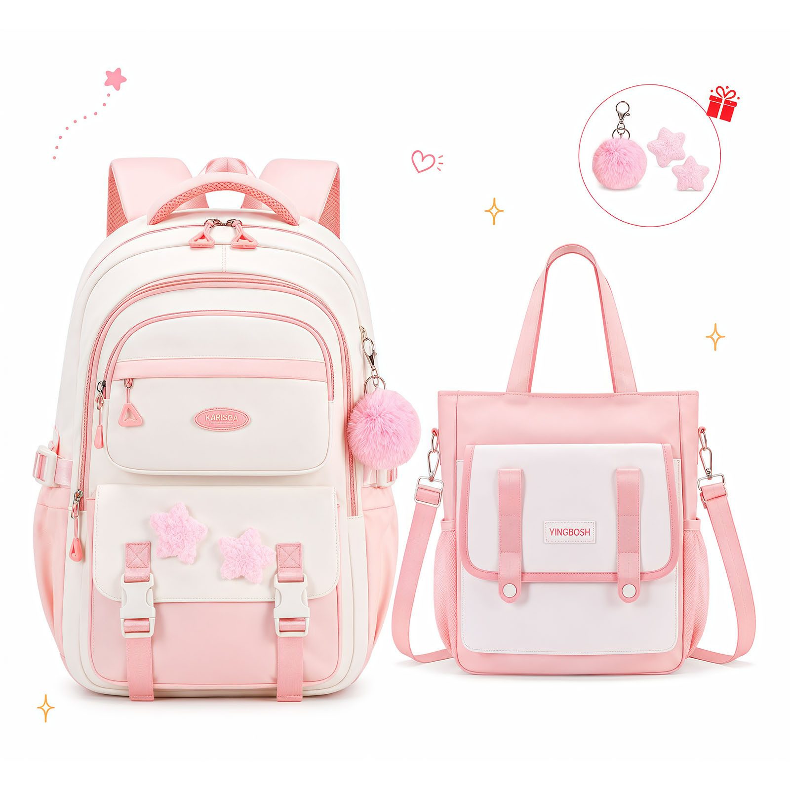 MOPUEA Schulrucksack Schulrucksack Mädchen, Großes Fassungsvermögen (Mit Trolleyband, Pom-Pom-Anhänger und Sternenabzeichen, Bequem, 2-tlg., Lässiger Rucksack für Teenager, Ideal für Schule, Schulstart), 2-teiliges Set mit Schulrucksack & Nachhilfebeutel