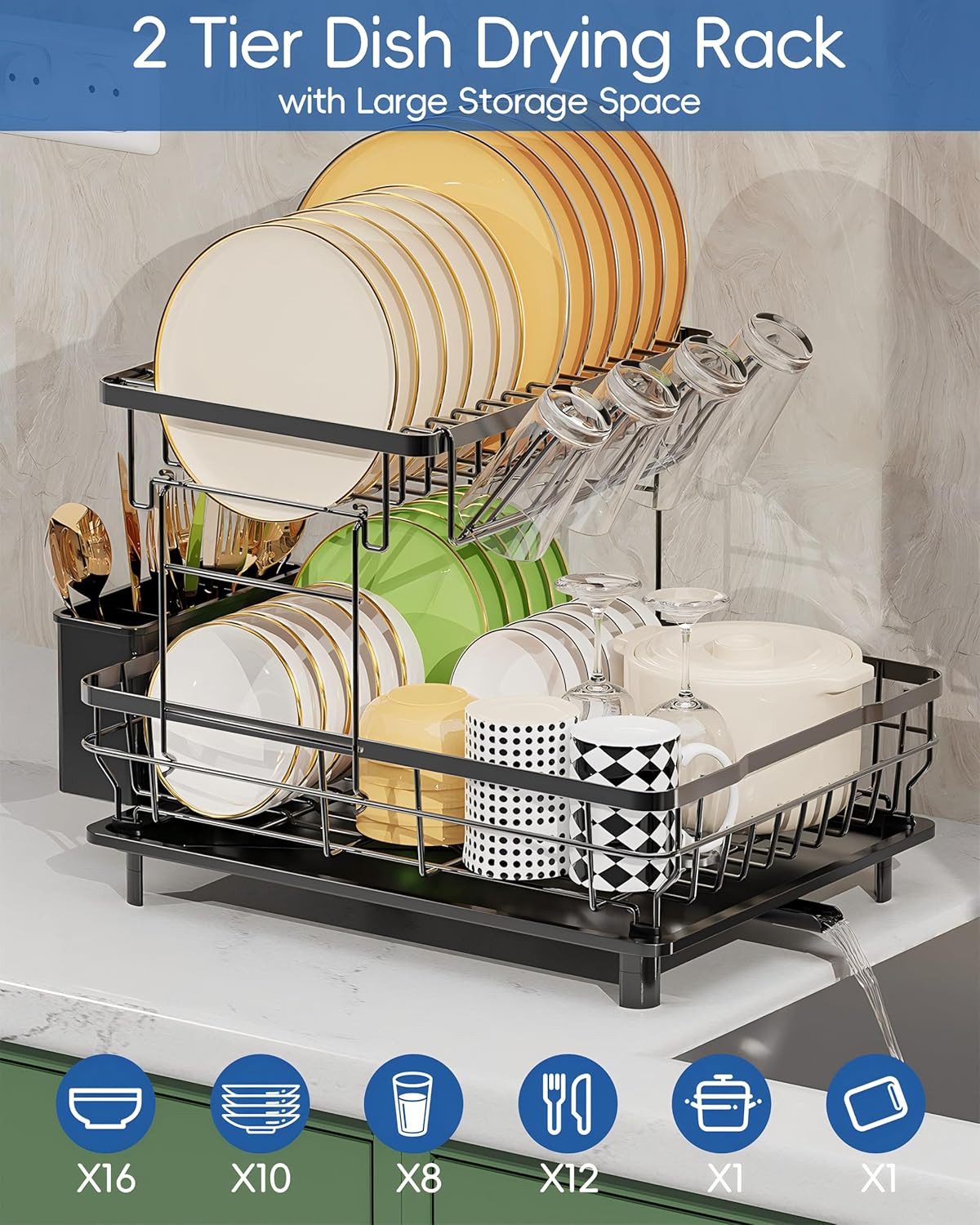 Refined Living Geschirrständer 2-stufiges Geschirrabtropfgestell,Multifunktionales Abtropfgestell-Set, Zubehör für Geschirrabtropfer mit Abtropfwanne, Geschirr-Abtropfgestell, Abtropfgestell Küche, Geschirrständer für die Küchenarbeitsplatte mit 360° Abfluss abnehmbarem, platzsparend & langlebig, rostfrei, für den Spülbereich der Familie, Küchentheke mit Tassenhalter