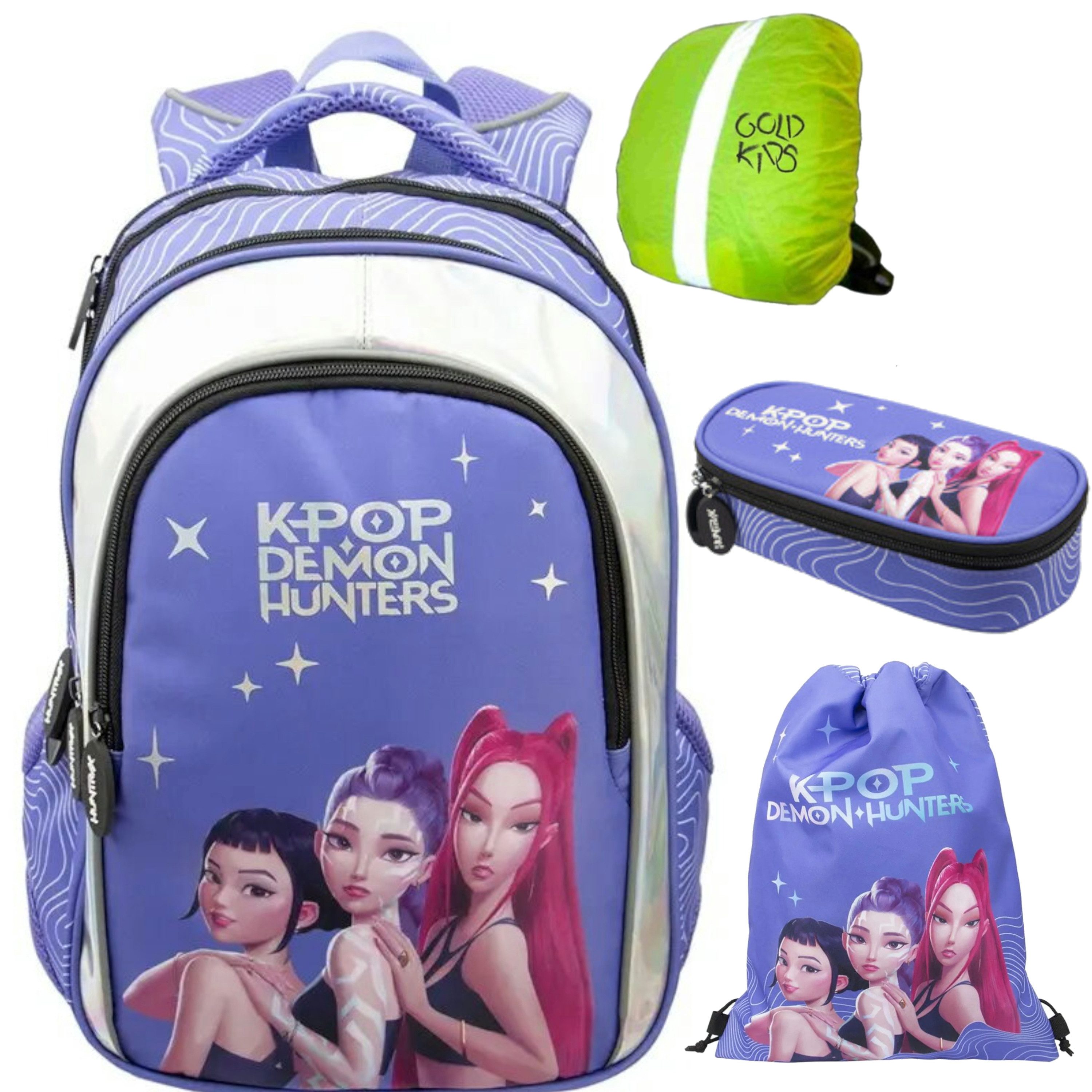 GOLDKIDS Schulranzen für Jungen und Mädchen (Schul-Rucksack für Kinder, 1-tlg., mit Schlampermäppchen, Schuhbeutel, Regenschutz), - K-Pop Demon Hunters Motiv