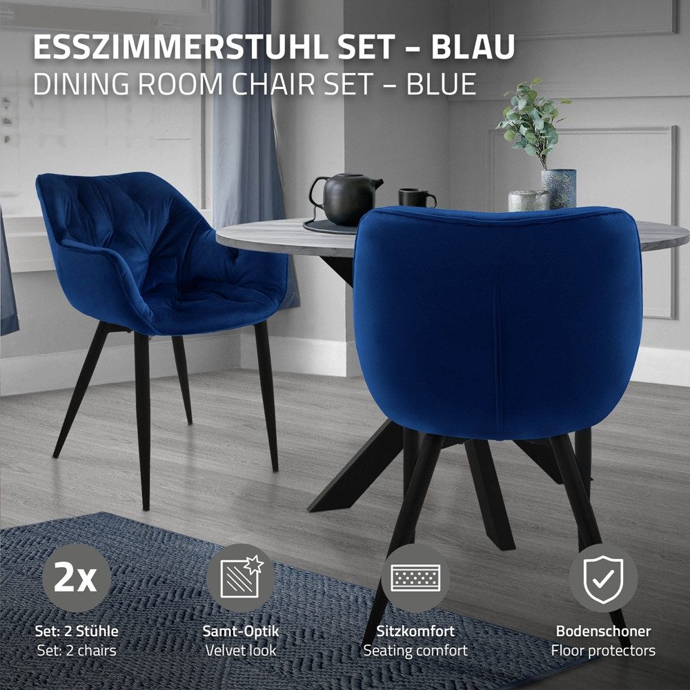 ML-DESIGN Stuhl Esszimmerstuhl mit Rückenlehnen und Armlehnen aus Samt mit Metallbeine (2 St), Ergonomischer Sessel Dunkelblau Wohnzimmerstuhl Polsterstuhl – Bild 2 von 5
