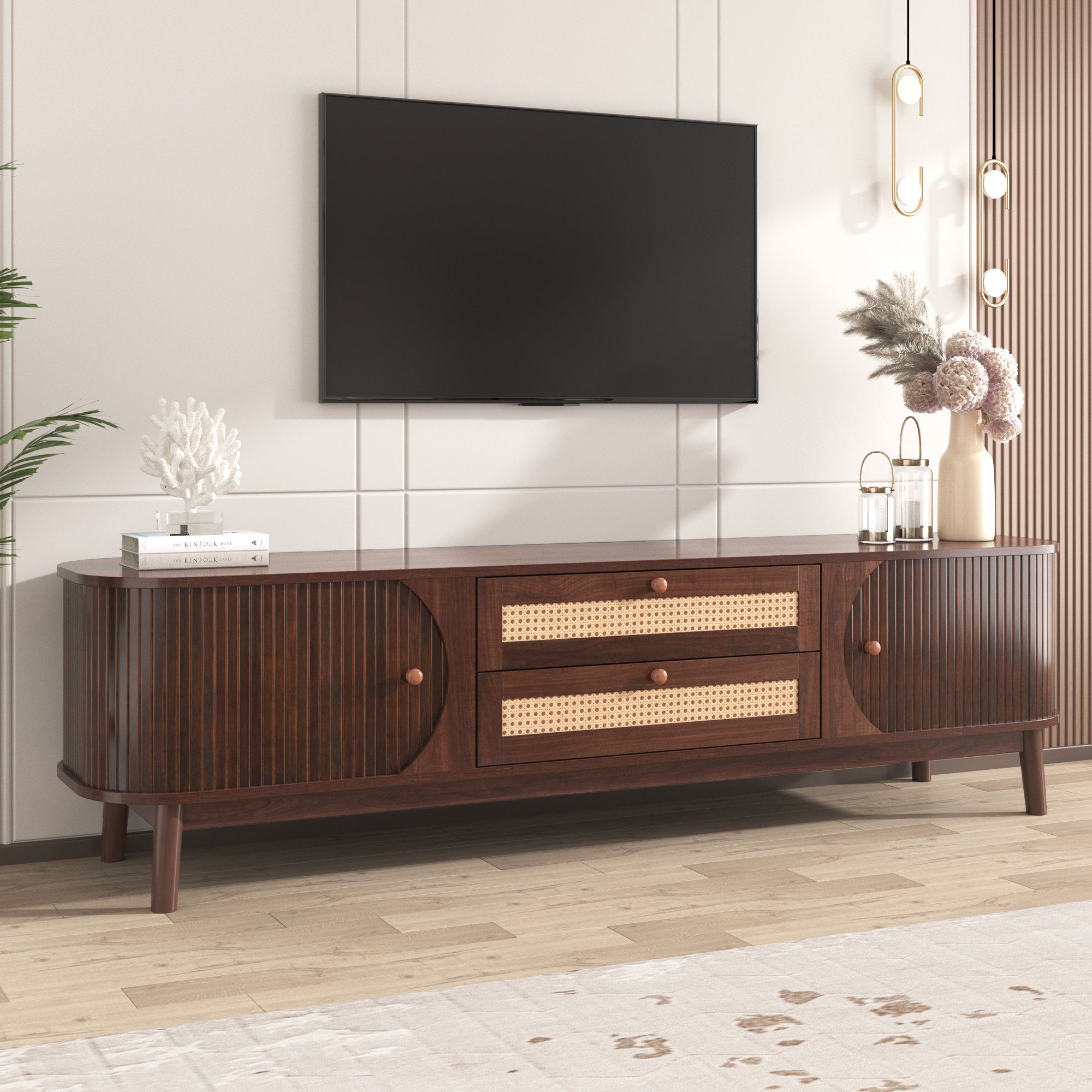 Celya TV-Schrank TV Board mit Türen und Schubladen, TV-Ständer mit Rattanseiten TV-Lowboard mit zwei Schiebetüren