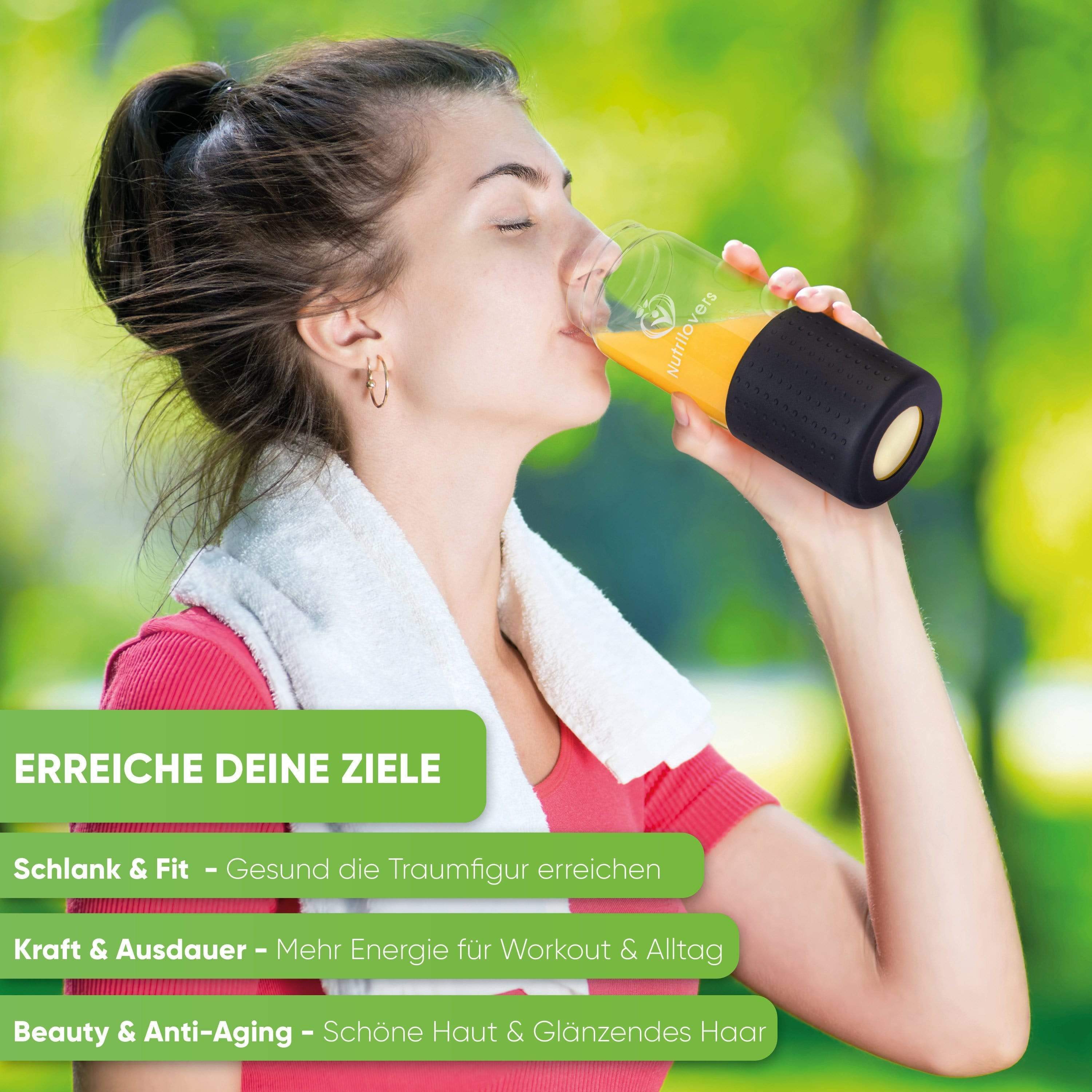 Nutrilovers Trinkflasche Glas Trinkflasche ICE - Robust & Sicher - Für Säfte & Smoothies, Gefrierfeste, BPA-freie Borosilikatglasflasche 450 ml