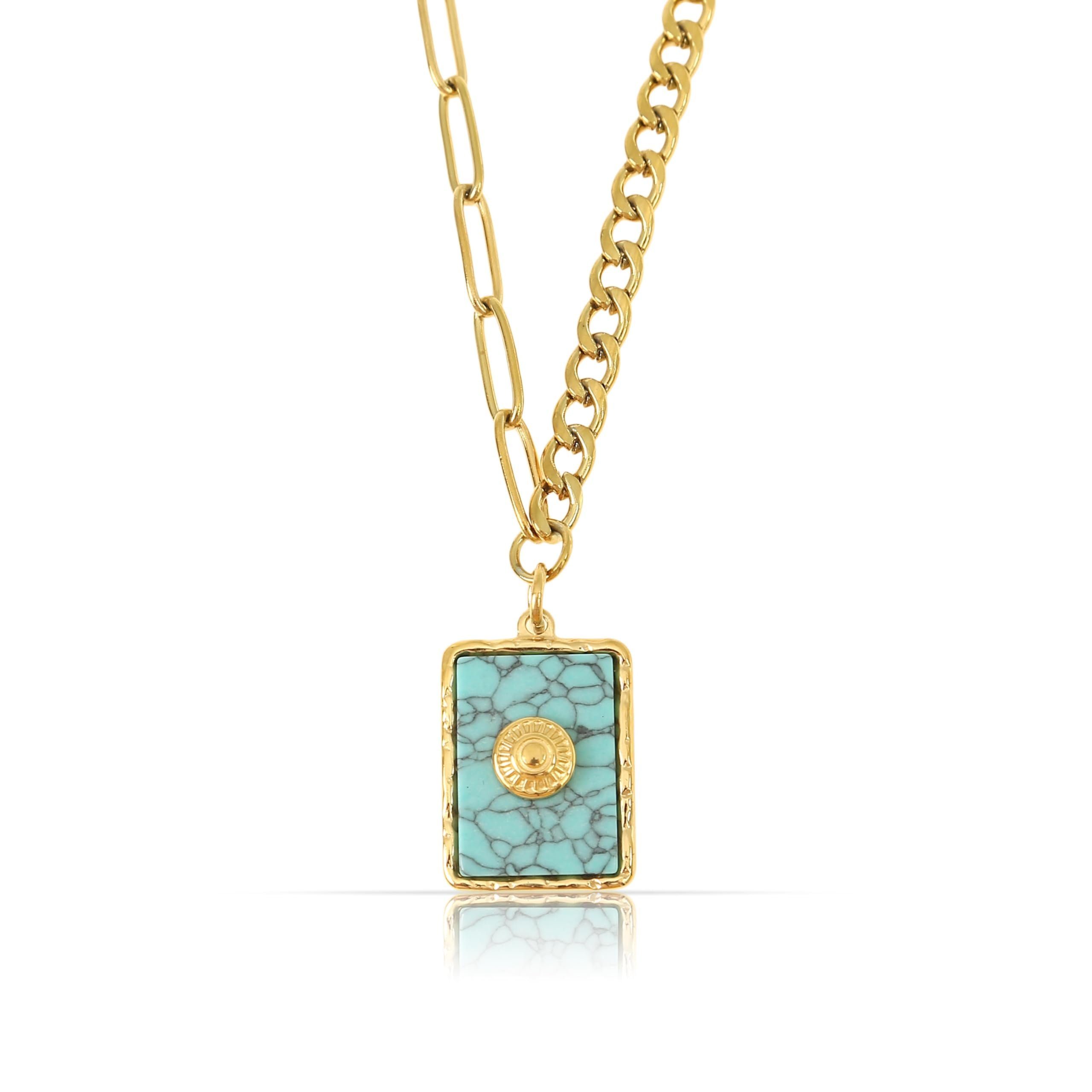 Made by Nami Kette mit Anhänger Damen Gold mit Türkisfarbenem Anhänger 40 + 5 cm Länge, Wasserfest Geschenke für Frauen Boho Schmuck