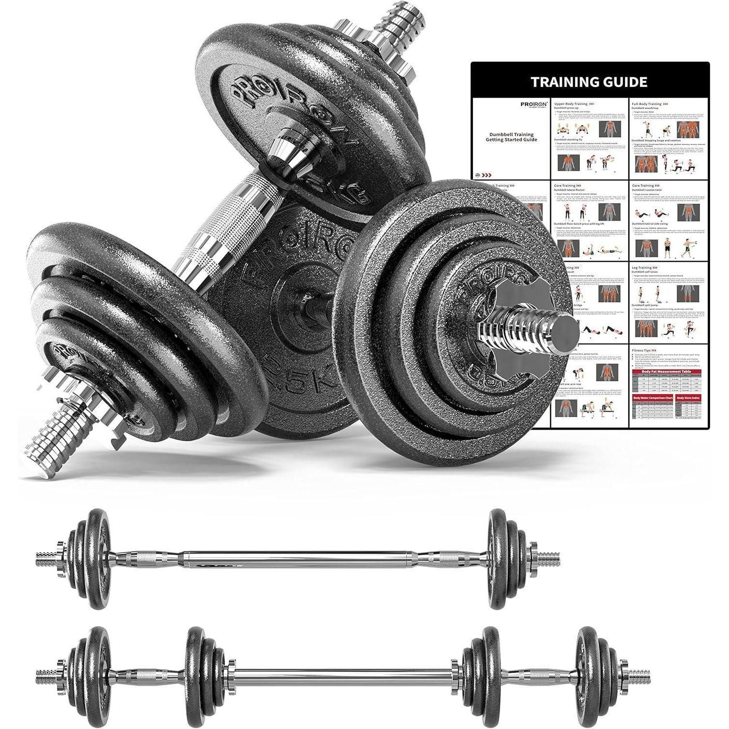 PROIRON Hantel-Set Hantelset Gusseisen 2 in 1 Kurz- und Langhantel 5-30kg verstellbar 2er