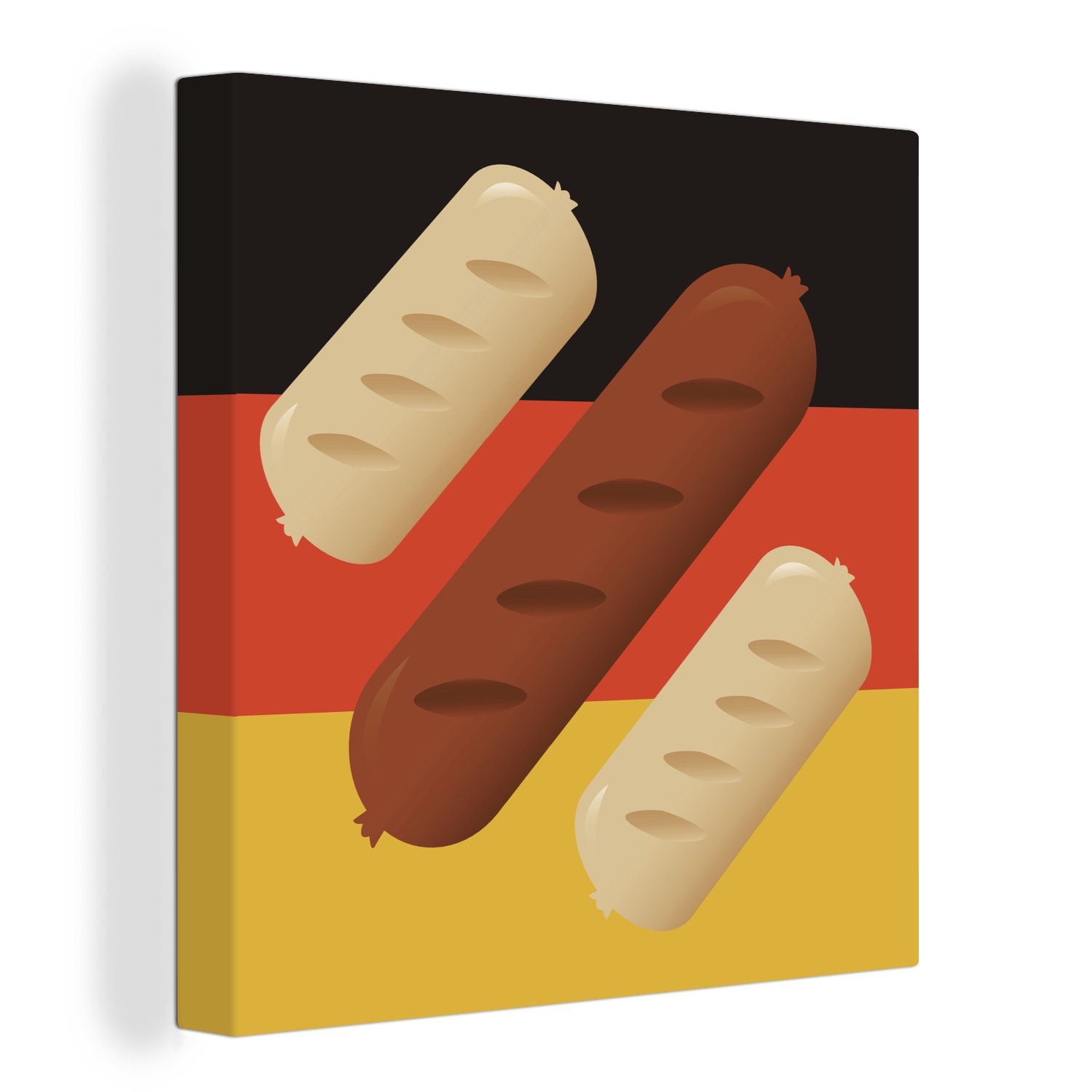 OneMillionCanvasses® Leinwandbild Illustration von drei Bratwürsten auf der deutschen Flagge, (1 St), Leinwand Bilder für Wohnzimmer Schlafzimmer