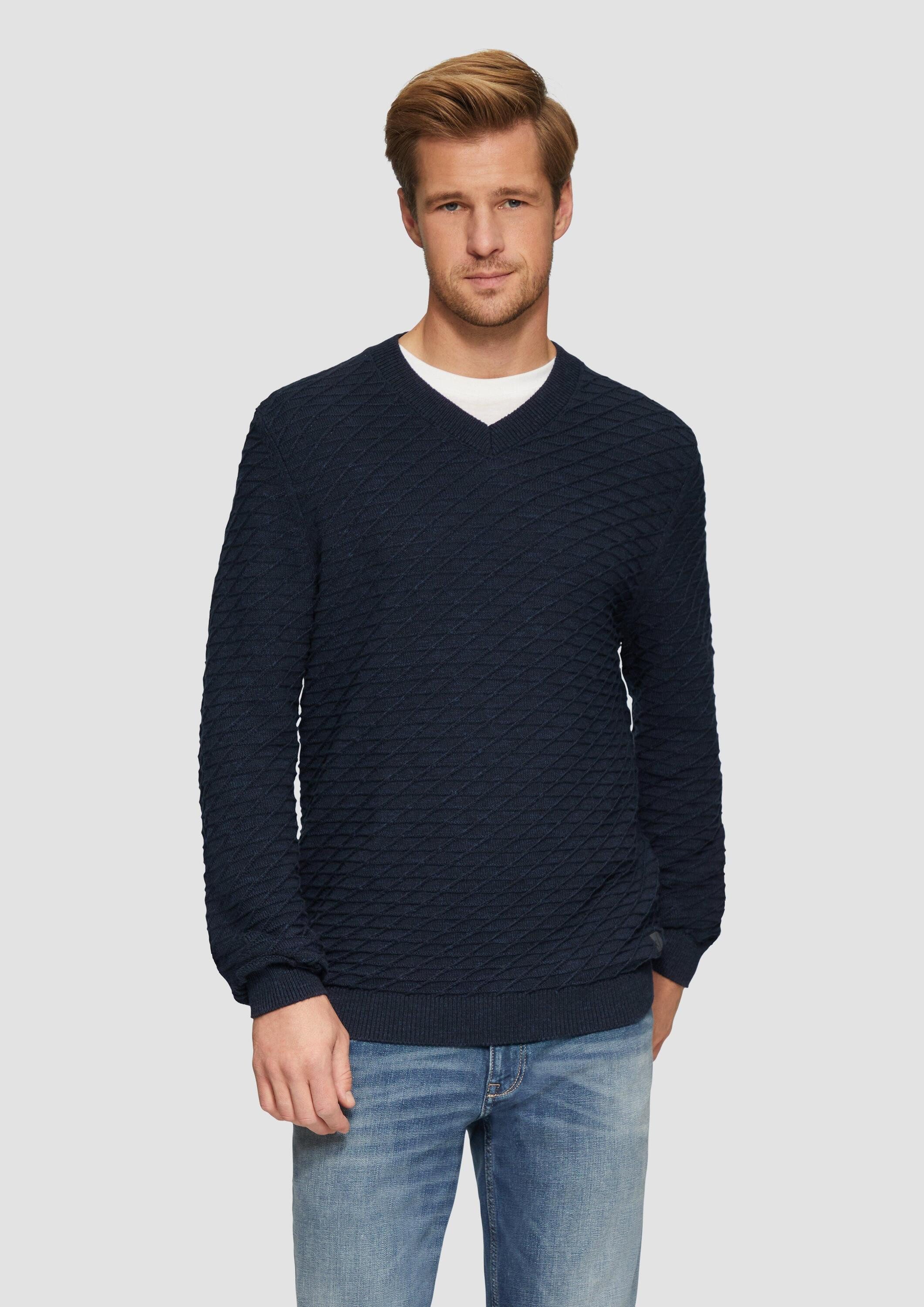 s.Oliver Longpullover Strickpullover Strukturierter Pullover mit V-Ausschnitt
