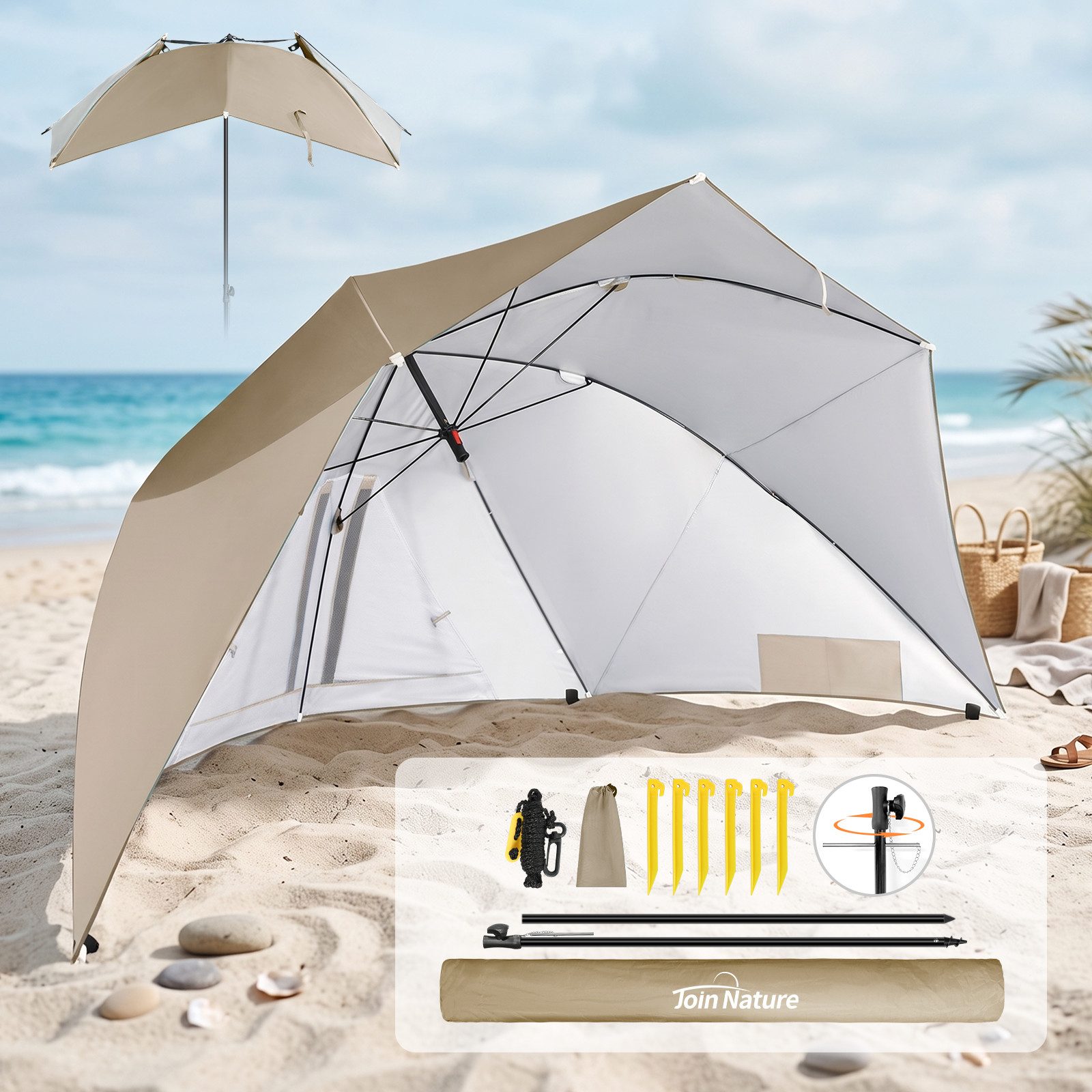 HOMECALL Strandmuschel 2 in 1 Strandschirm Umschaltbar Ø 270cm Sonnenschirm Strand Groß, (mit Fenster - Windschutz Strand, Regendicht, UV50+ Sonnenschutz), Gartenschirm für 2-3 Personen