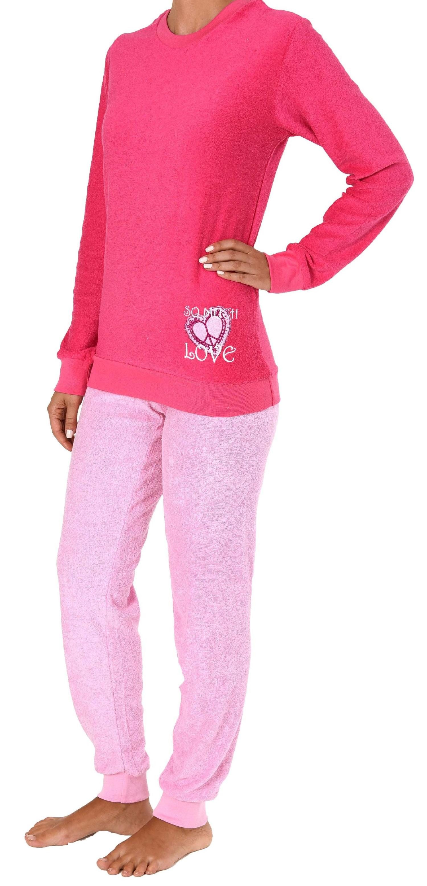 Normann Pyjama Damen Frottee Pyjama langarm Schlafanzug mit Bündchen und Herz Motiv – Bild 3 von 4
