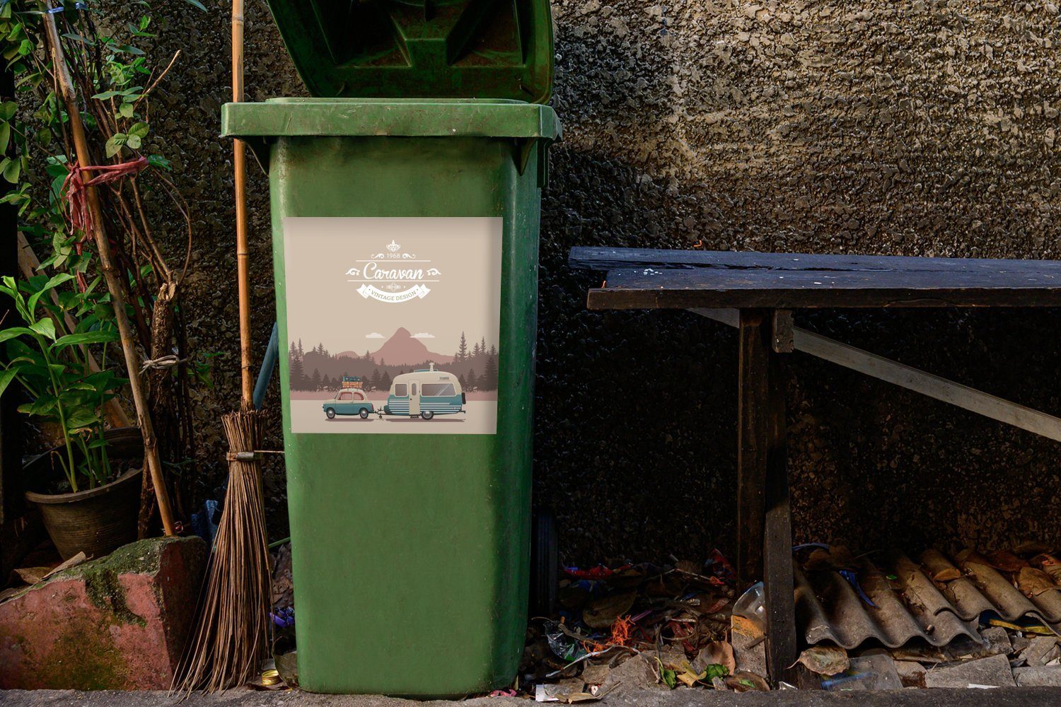 Abfalbehälter mit Mülltonne, Sticker, St), Wandsticker (1 Mülleimer-aufkleber, Container, Illustration MuchoWow eines Wohnmobil Autos