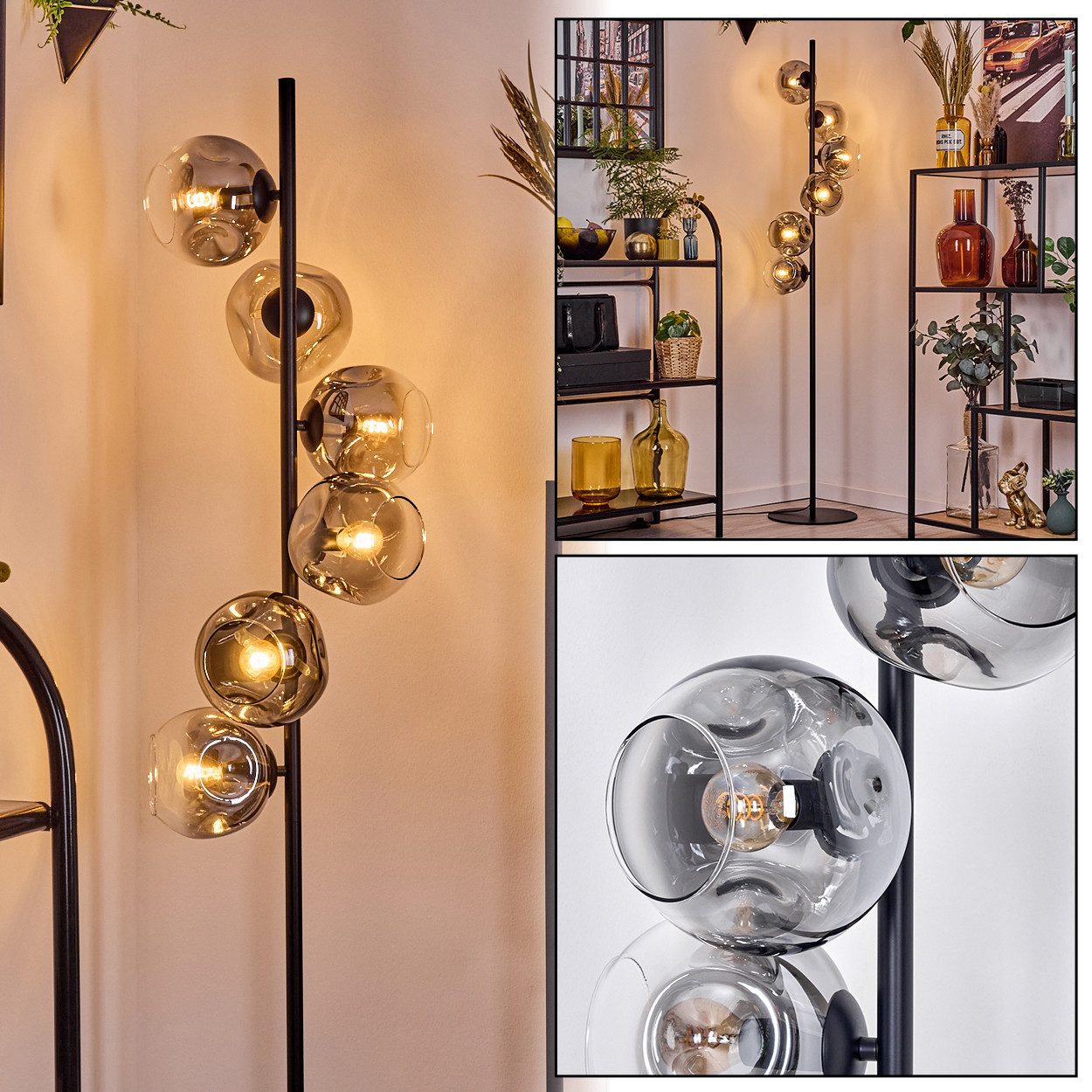 Stehlampe Stehlampe aus Metall/Glas in Schwarz/Rauch/Klar, Retro/Vintage-Design