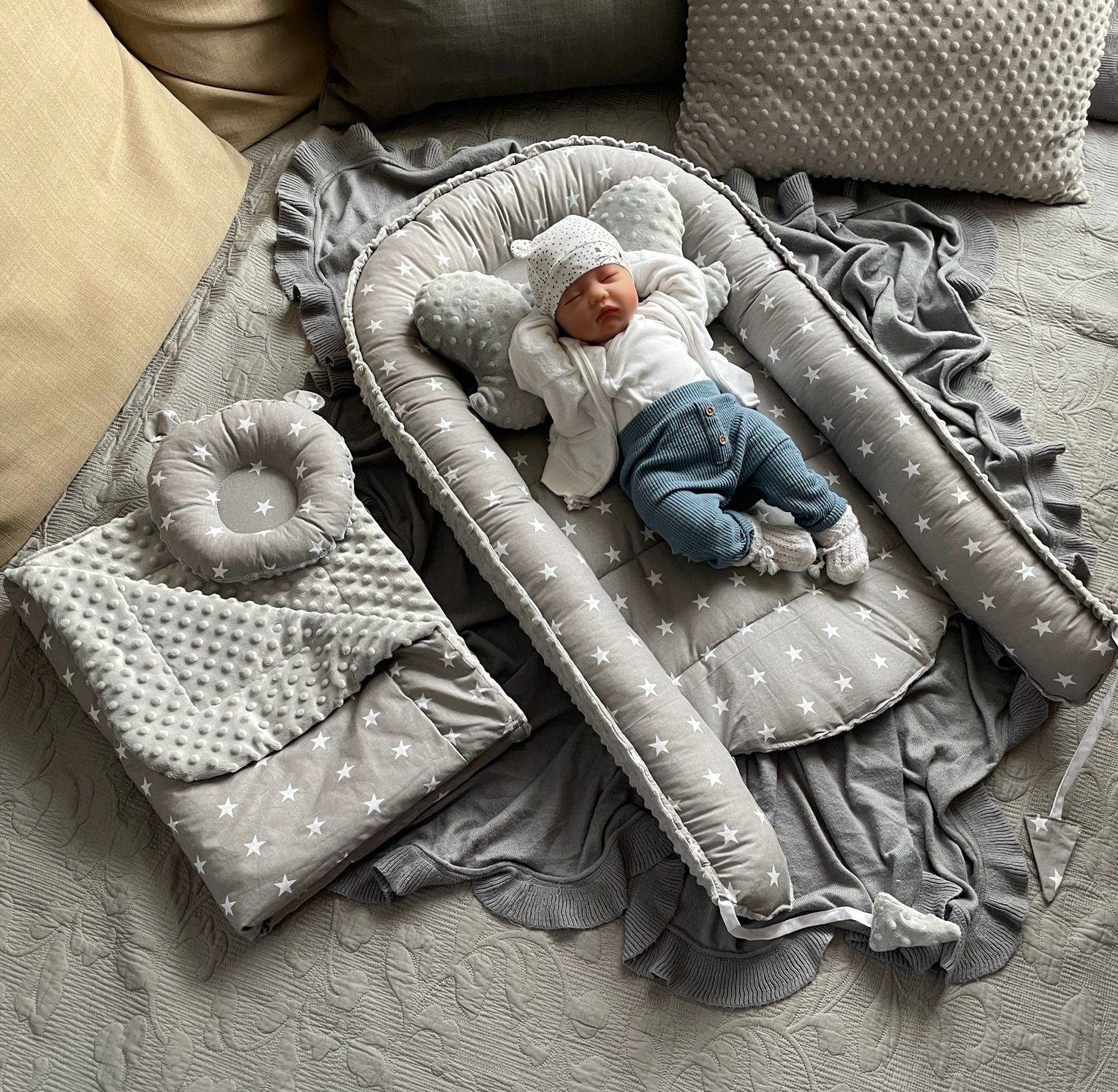 Loolay Bettnestchen MINKY/ Baumwolle BABYNEST Babykokon Geschenk Babyausstattung SETS, (MUSTER: Sterne GRAU/ MINKY Grau, SOLO oder im SETS, 5-tlg., PREMIUM BABY – Bild 4 von 5