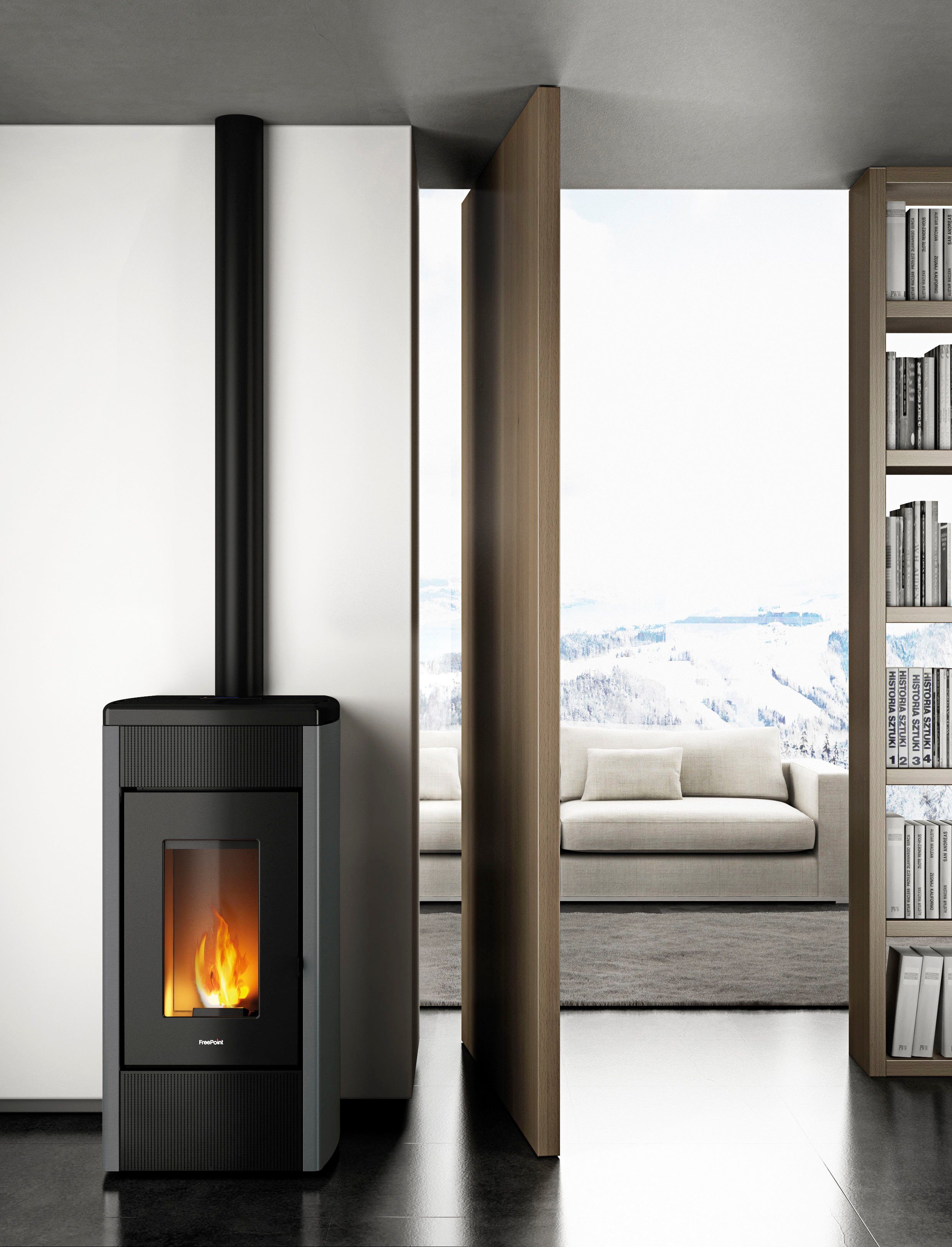 Freepoint Duke 14 pellet stove, room air independent, 15.5 kW, dual ducted warm air, Wi-Fi included
