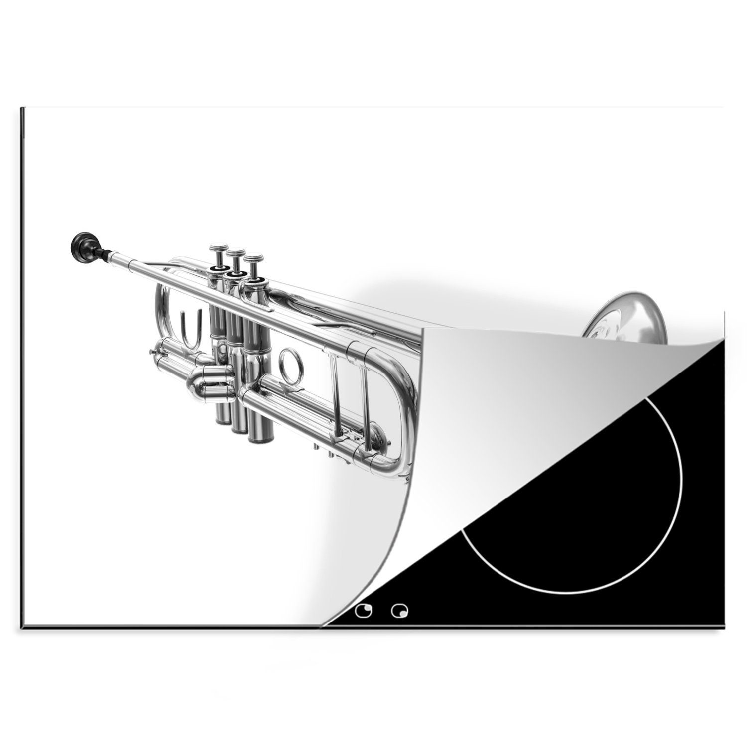 MuchoWow Herdblende-/Abdeckplatte Illustration einer Trompete - schwarz und weiß, Vinyl, (1 tlg), 70x52 cm, Mobile Arbeitsfläche nutzbar, Ceranfeldabdeckung | Herdabdeckplatten