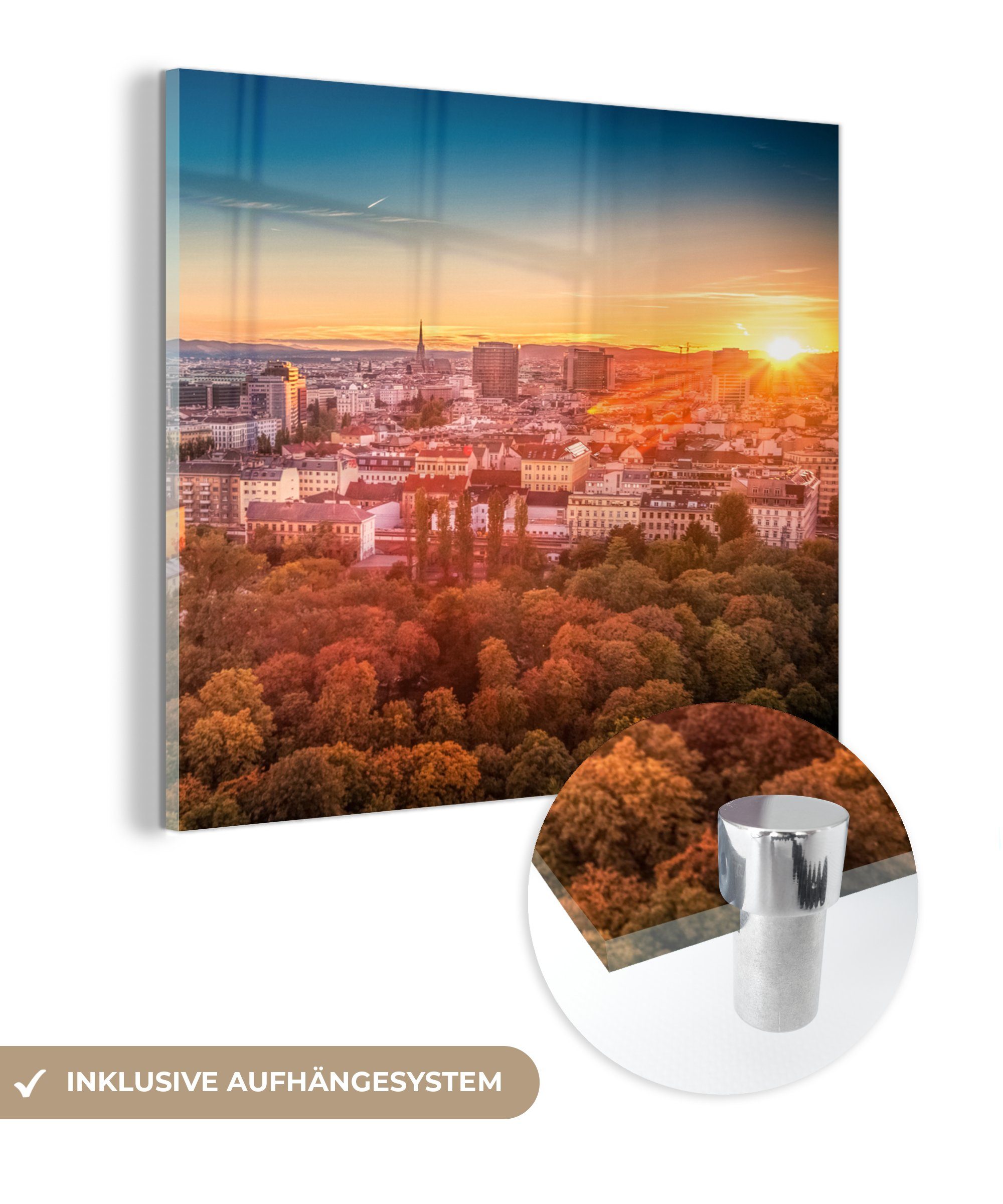 MuchoWow Acrylglasbild Sonnenuntergang in Wien, (1 St), Glasbilder - Bilder auf Glas Wandbild - Foto auf Glas - Wanddekoration