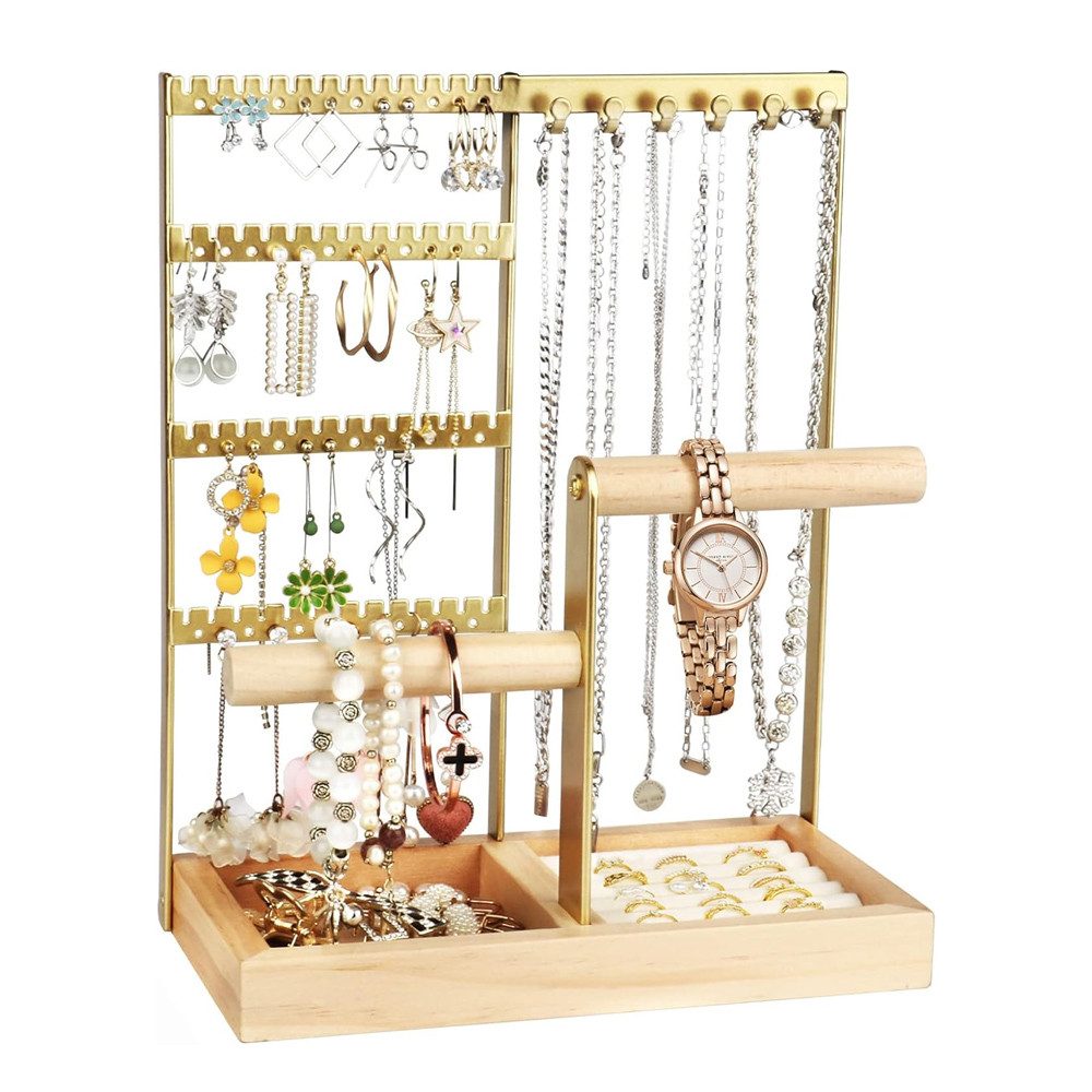 TUWENA Schmuckständer 4 Tier Schmuckhalter Kettenständer mit Aufbewahrung & Ohrringhalter