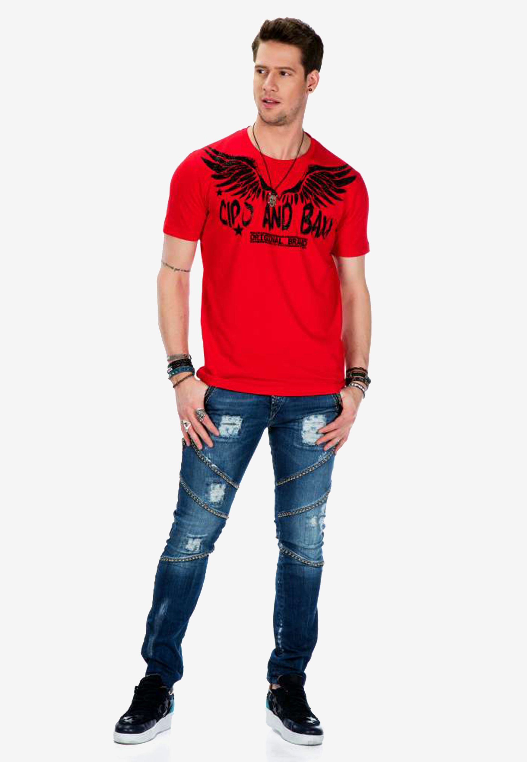 Cipo & Baxx T-Shirt mit Edelsteindruck rot-schwarz