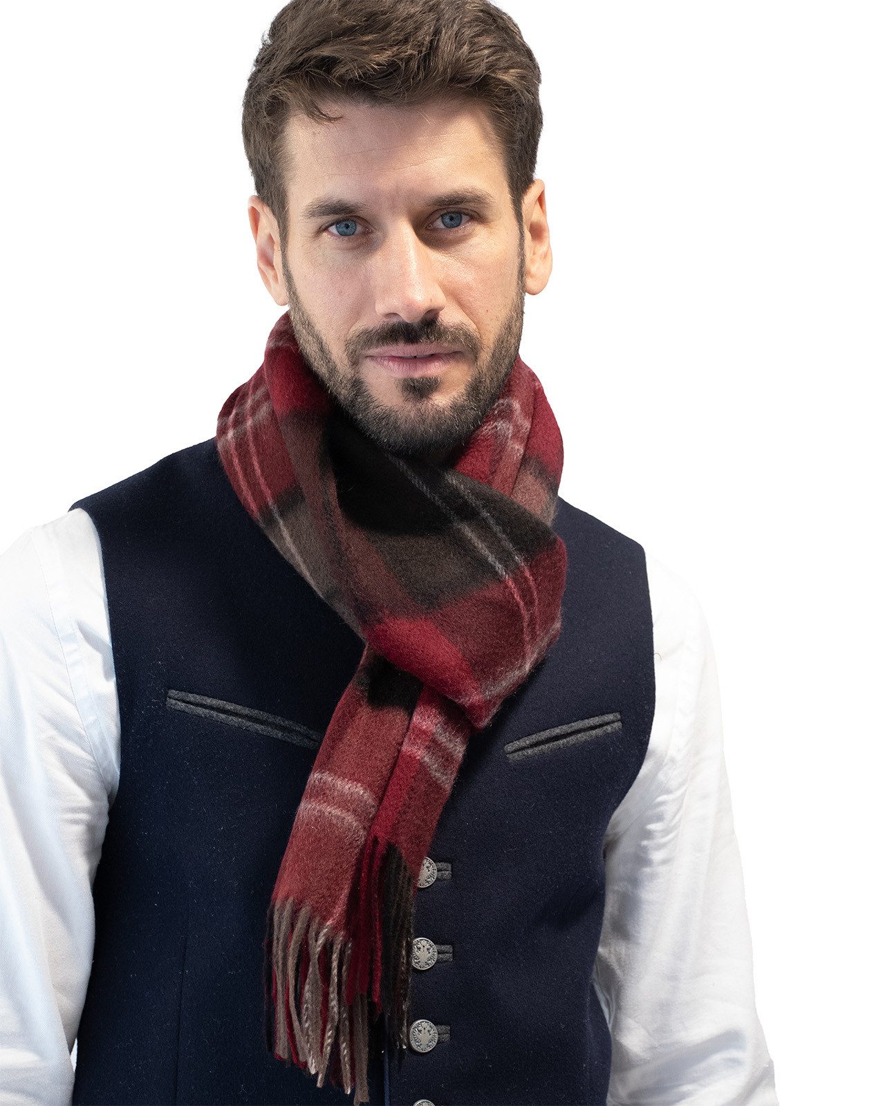 MayTree Kaschmirschal Unisex, 180 x 30cm, mit Fransen, gewebt kariert Tartan Rot Braun, (Stück, 1-St), 100% Kaschmir