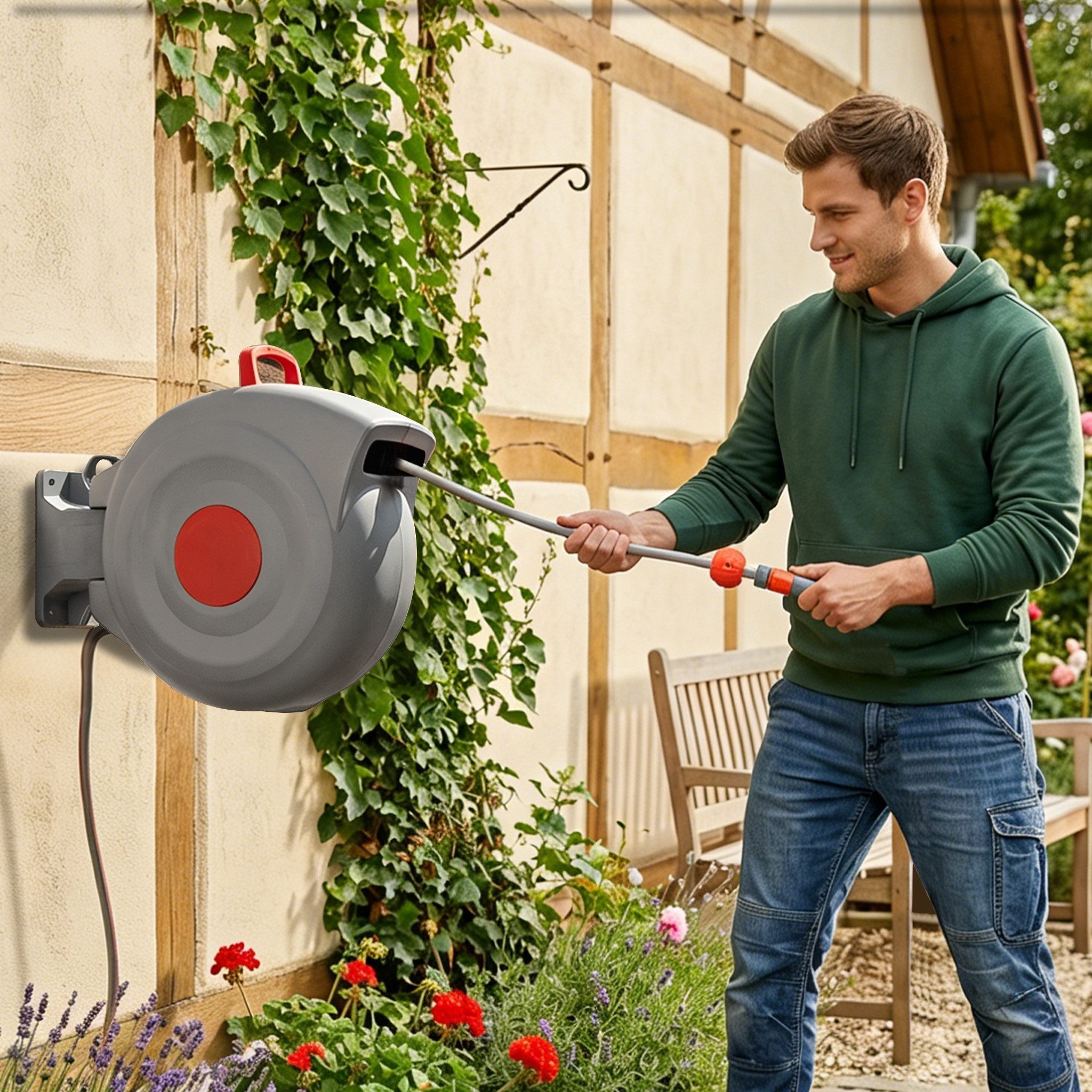 Blossom Gartenschlauch Aufroller 30 m mit Automatik, Schlauchtrommel schwenkbar 180°, 9-Fach Sprühpistole, UV-beständig, rostfrei, Wand-Schlauchbox für Garten Terrasse Hof