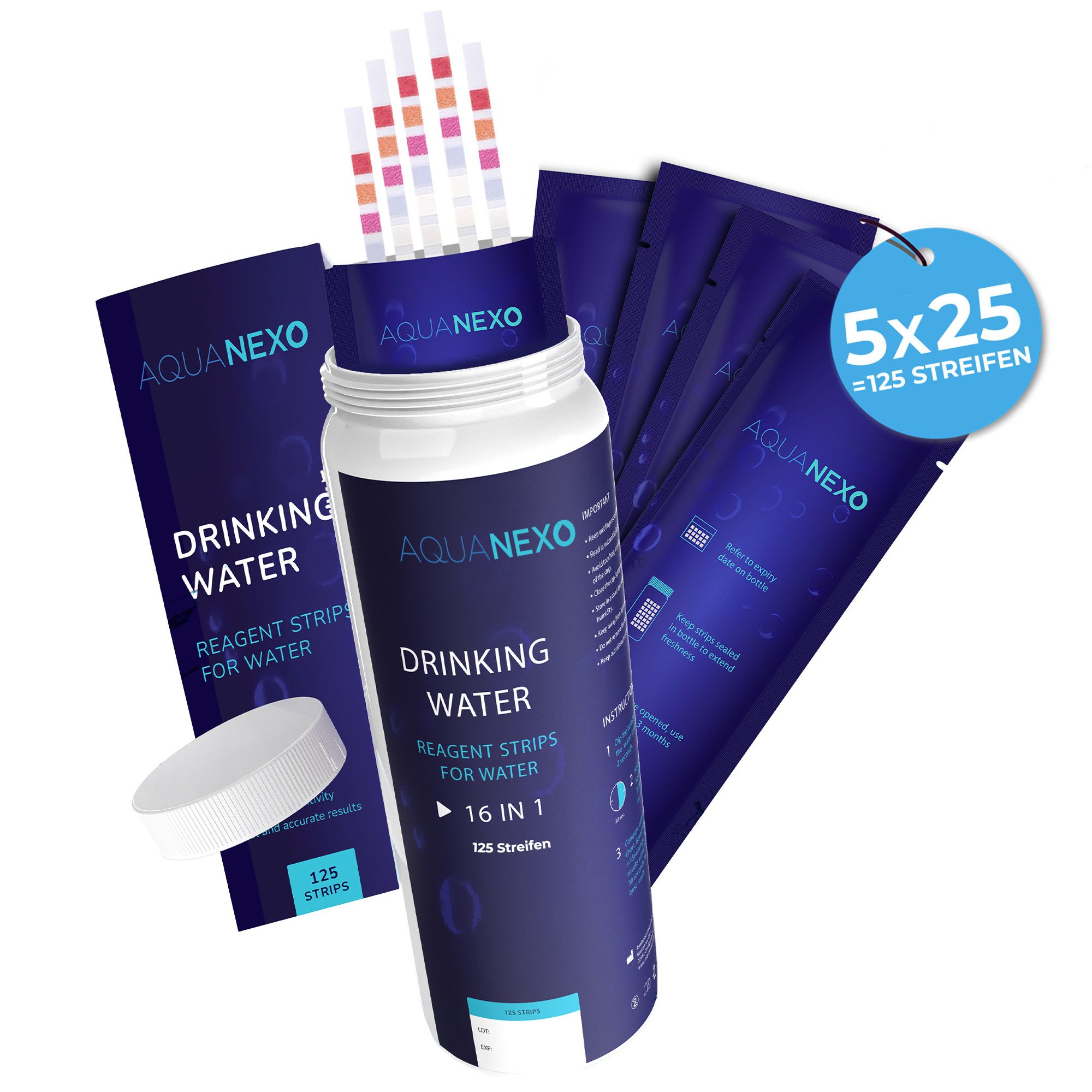 AquaNexo Trinkwassertest Wassertester Teststreifen 16-in-1 pH, Wasserhärte 125 st.