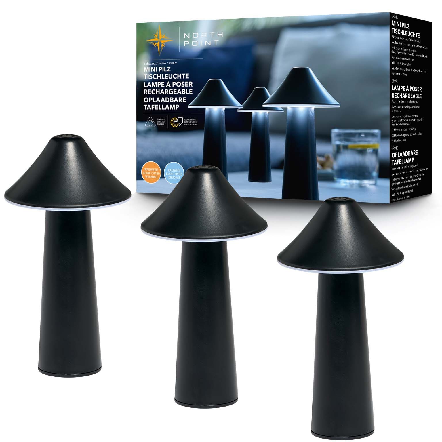 Northpoint LED Nachttischlampe 3er-Set dimmbar Innen und Außen USB-Ladung CCT Farbwechsel