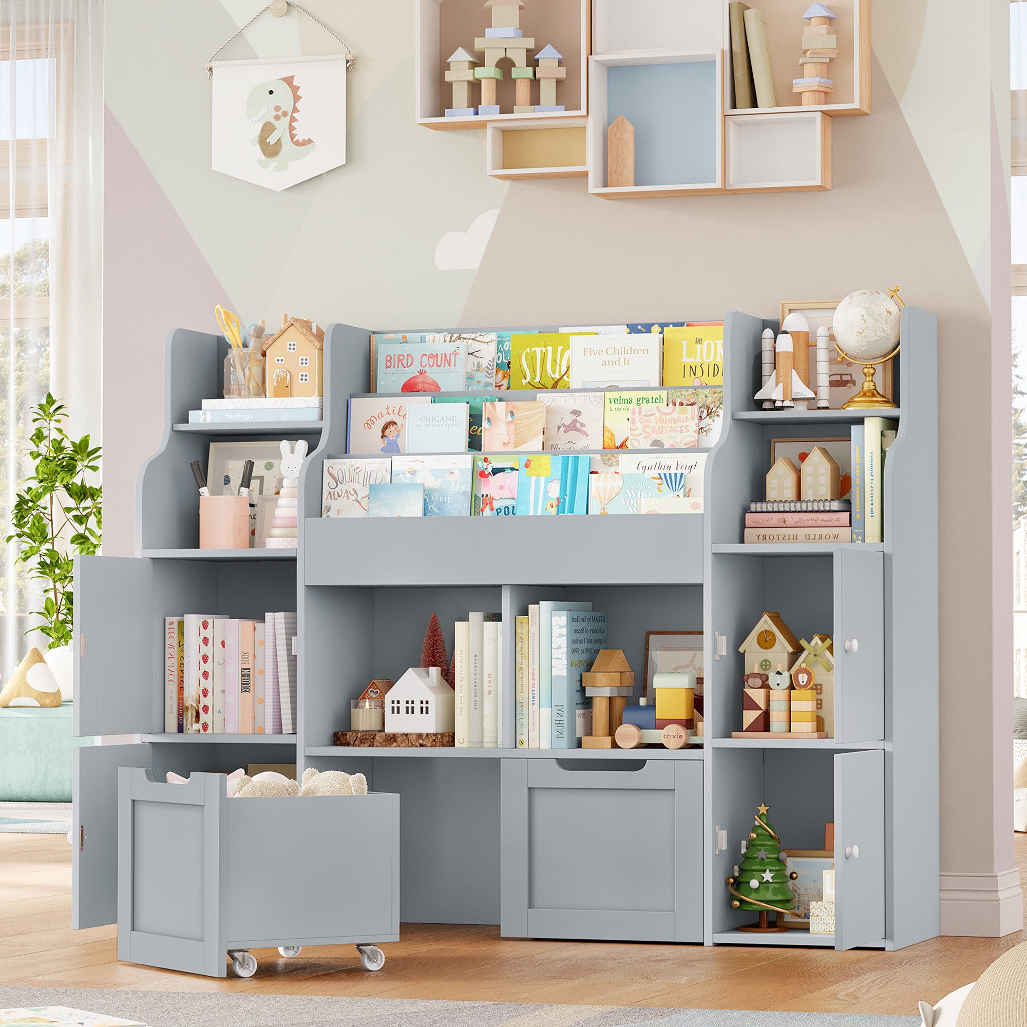 Homfa Kinderregal Spielzeugtruhe mit 2 Schubladen auf Rollen Bücherregal, Kinderbücherregal Spiegelregal mit Tür 126x104x30 cm weiß – Bild 2 von 5