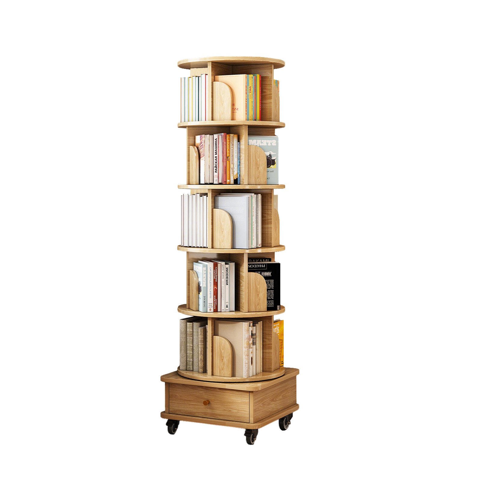Yorbay Bücherregal 6 Ebenen 360 Grad drehbar, mit Schublade und Rollen 98 kg